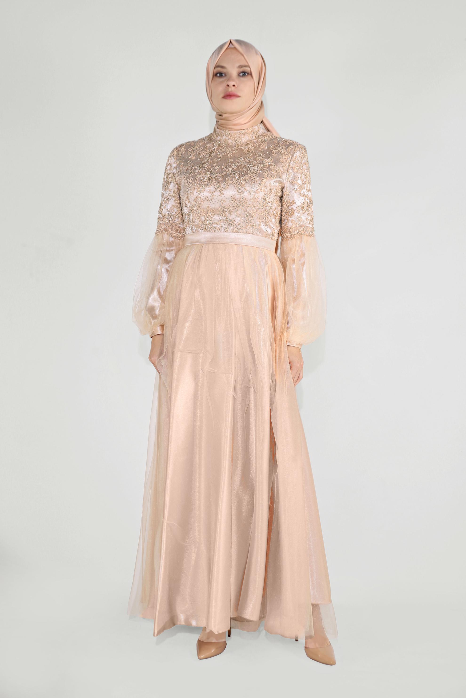 Tesettür giyim ALTIN YALDIZLI KOLLARI TÜLLÜ ABİYE 50009