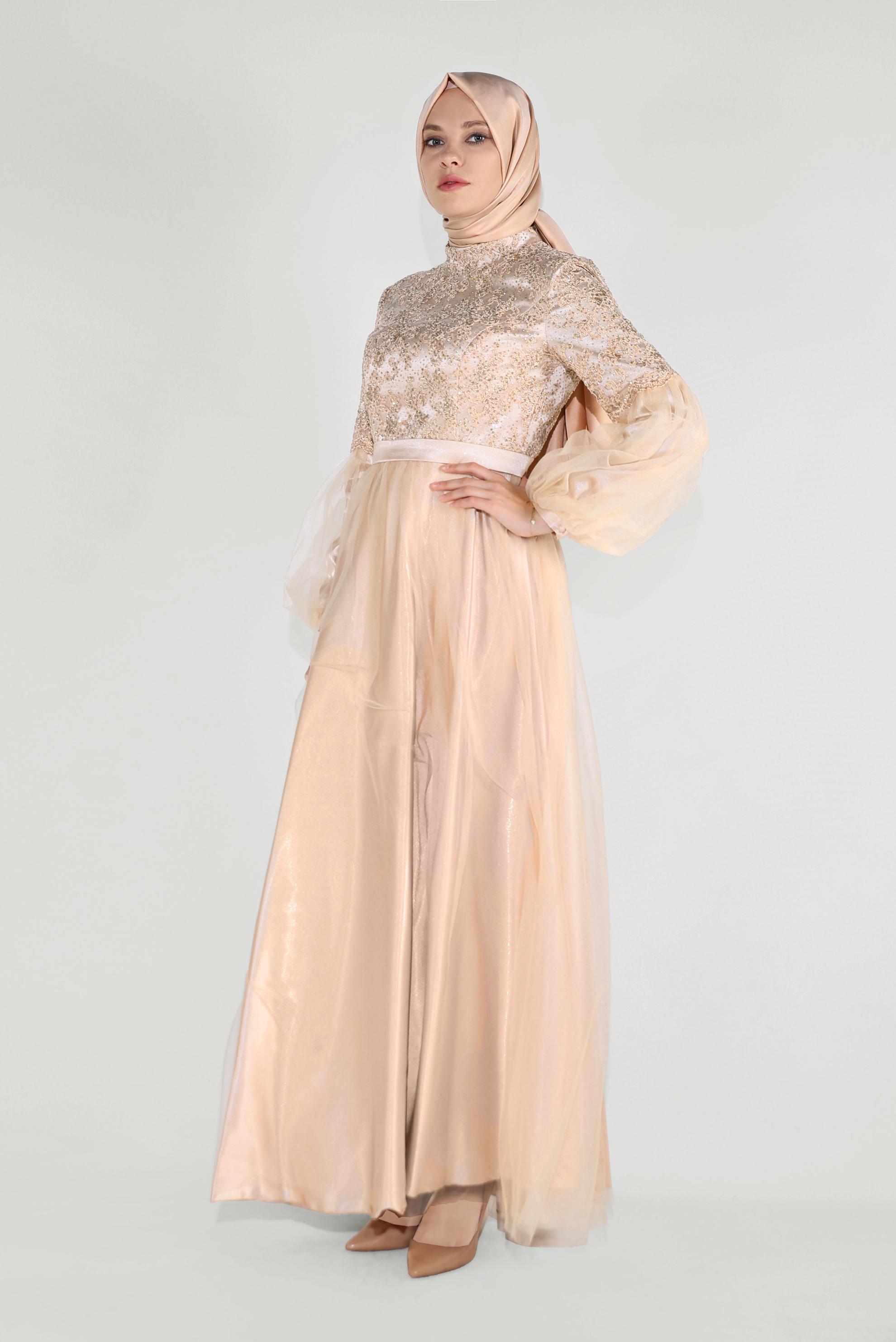 Tesettür giyim ALTIN YALDIZLI KOLLARI TÜLLÜ ABİYE 50009