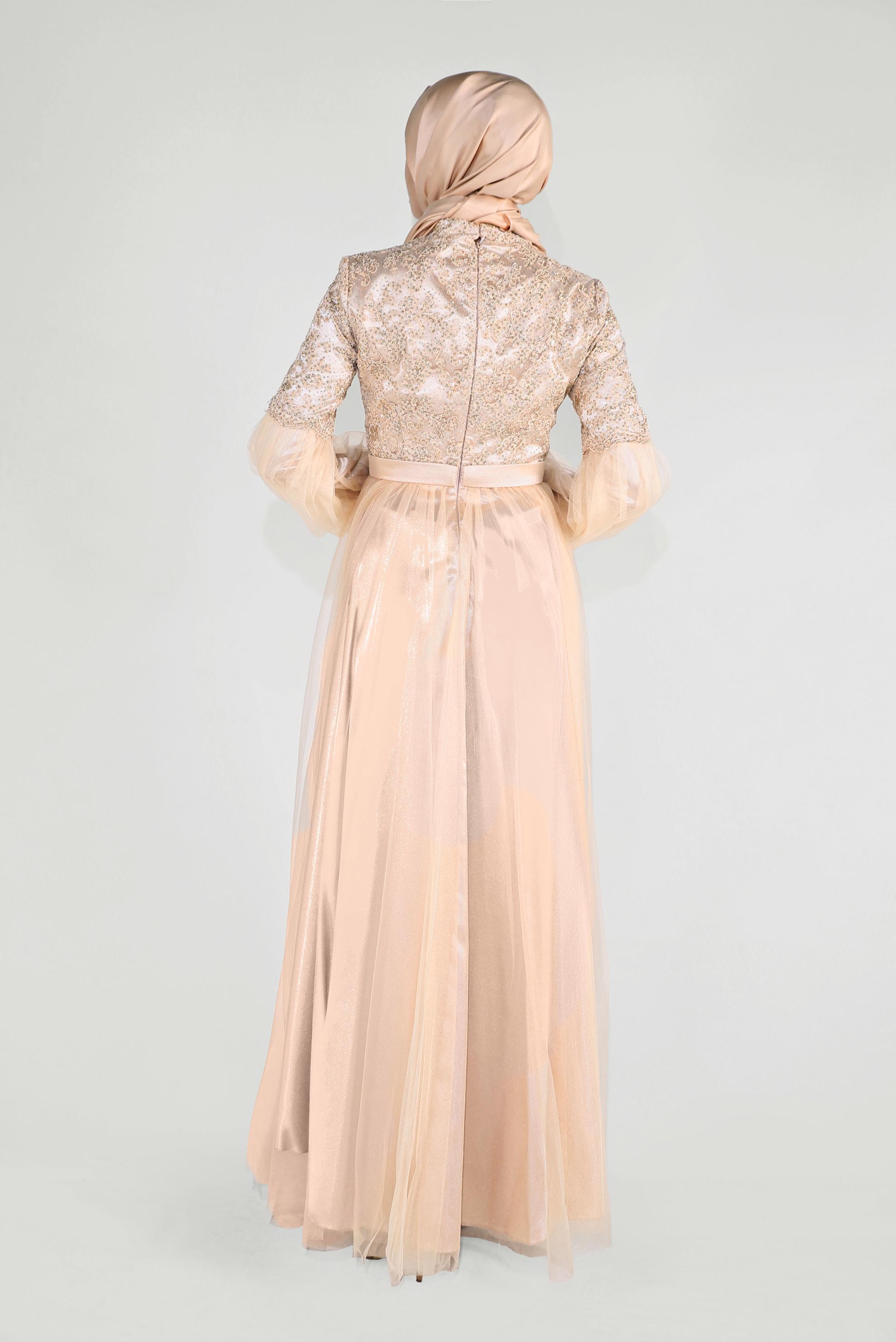 Tesettür giyim ALTIN YALDIZLI KOLLARI TÜLLÜ ABİYE 50009