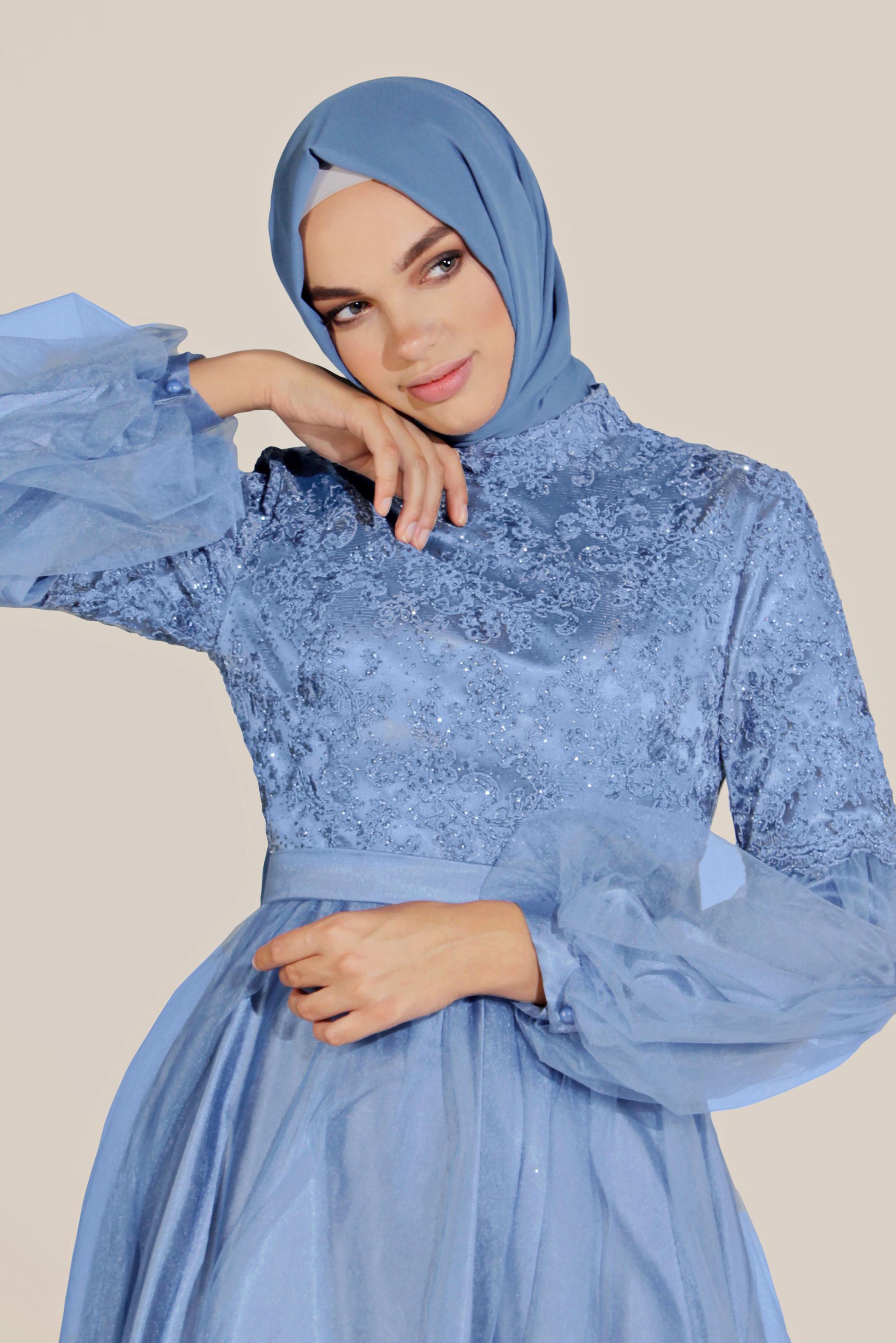 Tesettür giyim LACİVERT YALDIZLI KOLLARI TÜLLÜ ABİYE 50009