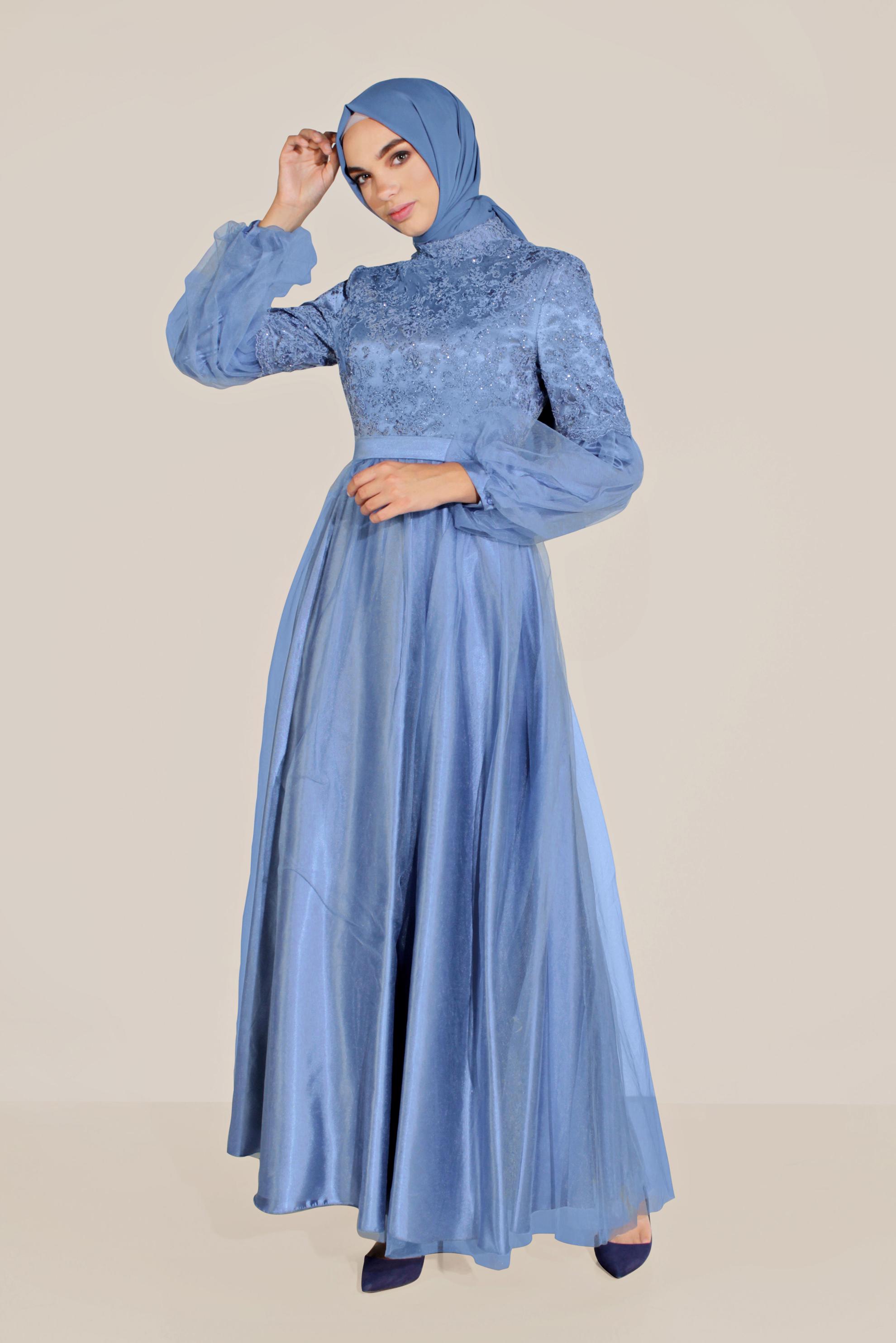 Tesettür giyim LACİVERT YALDIZLI KOLLARI TÜLLÜ ABİYE 50009