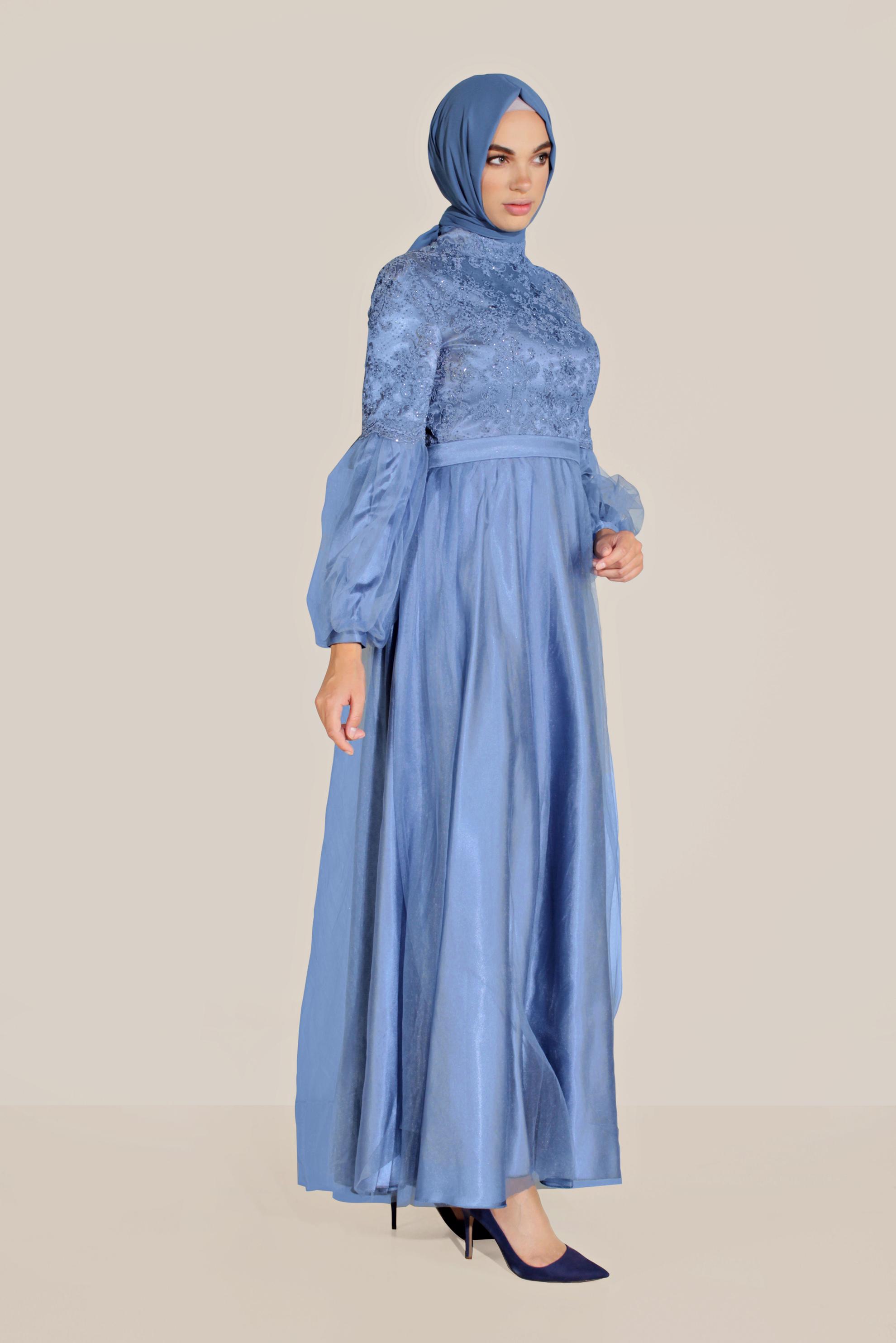 Tesettür giyim LACİVERT YALDIZLI KOLLARI TÜLLÜ ABİYE 50009