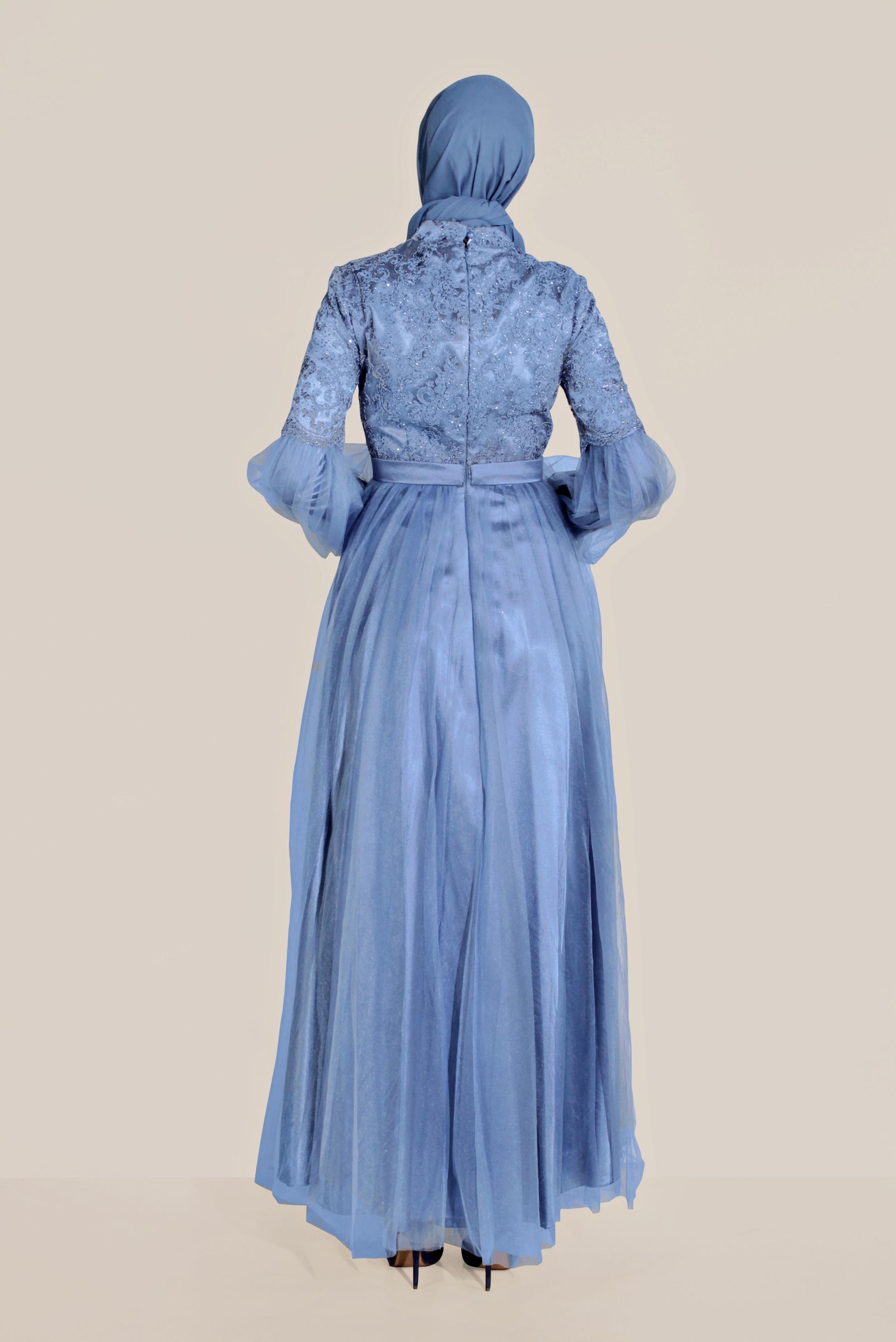 Tesettür giyim LACİVERT YALDIZLI KOLLARI TÜLLÜ ABİYE 50009