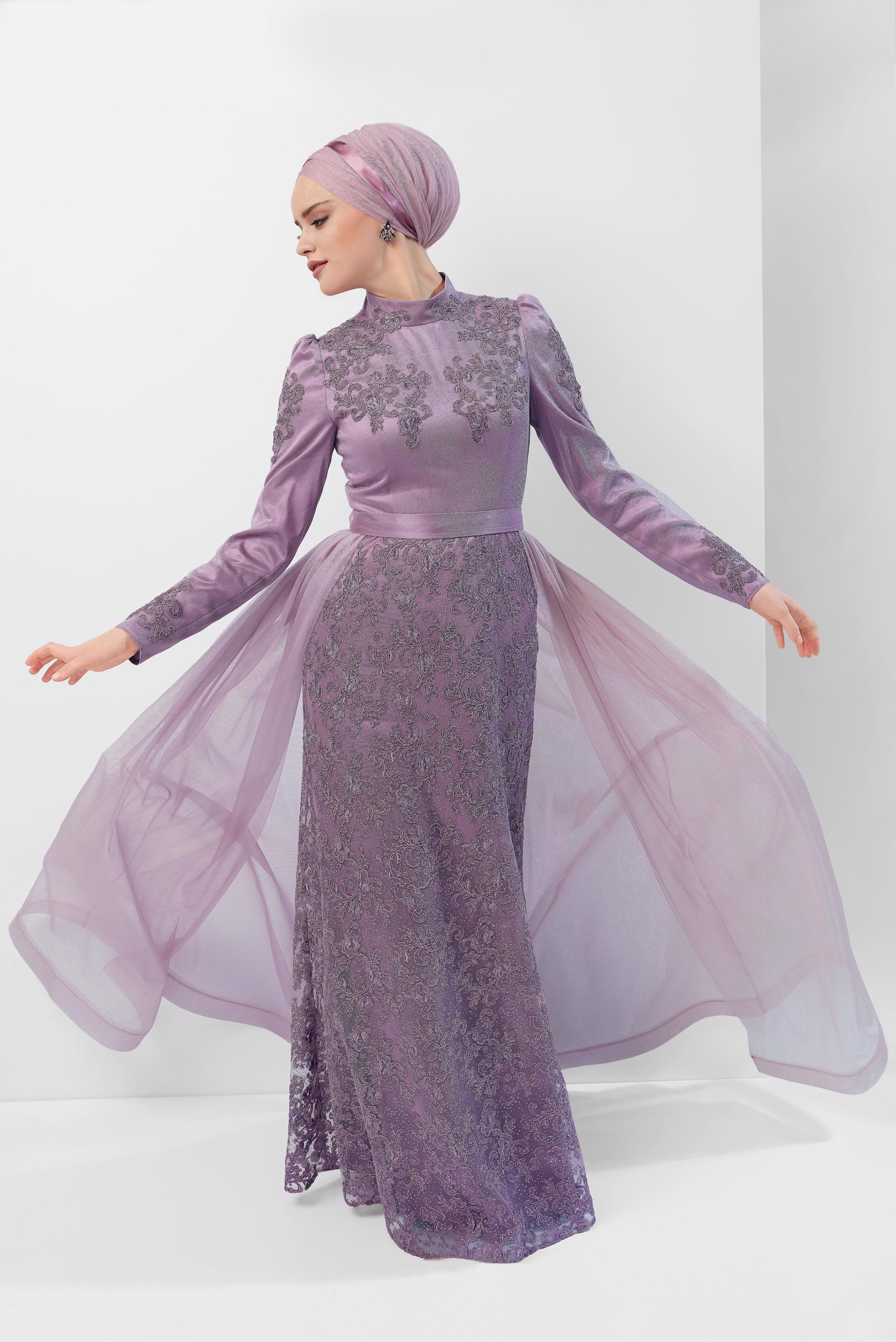 Tesettür giyim MOR GÜPÜR DETAYLI ABİYE ELBİSE 50010