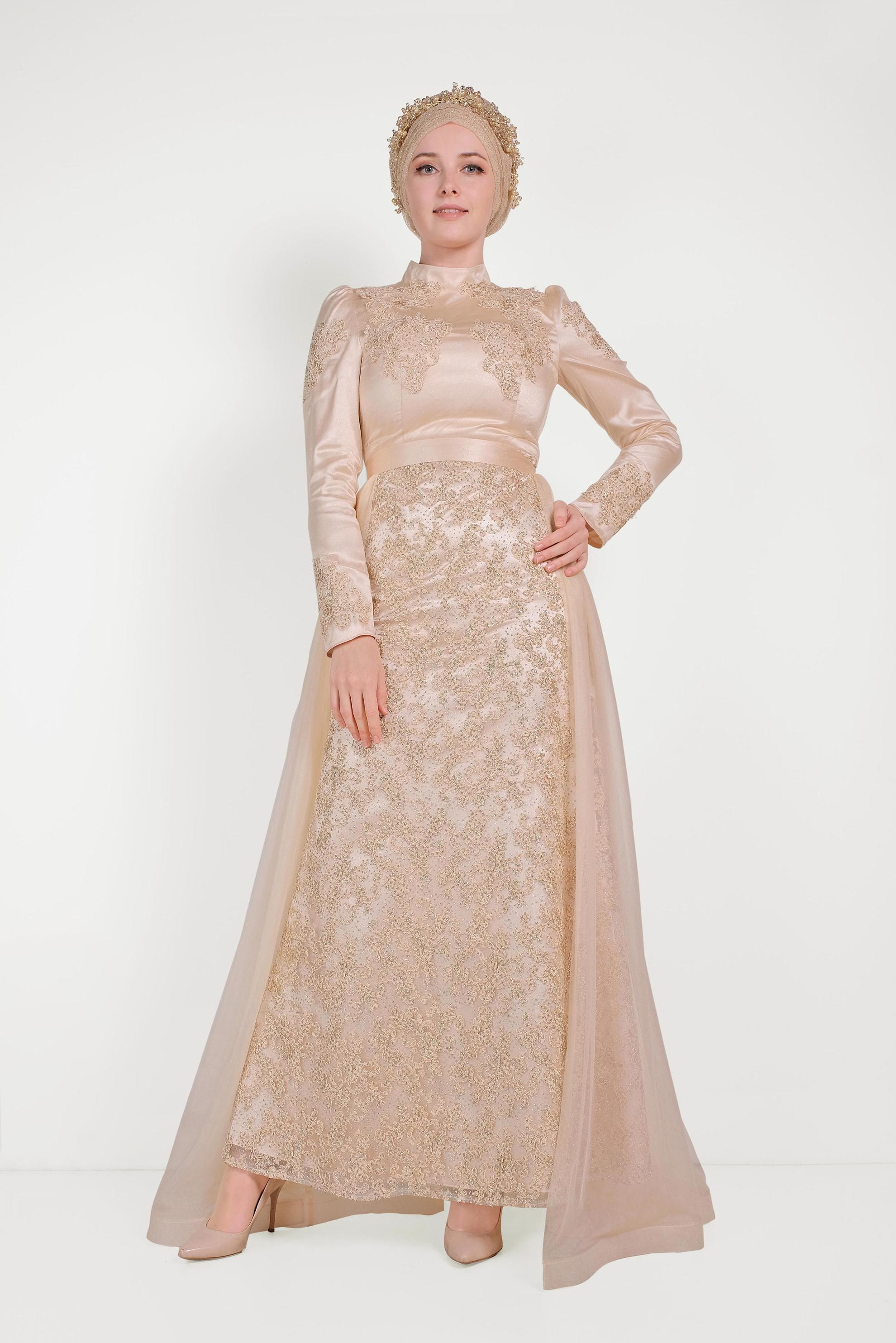 Tesettür giyim ALTIN GÜPÜR DETAYLI ABİYE ELBİSE 50010