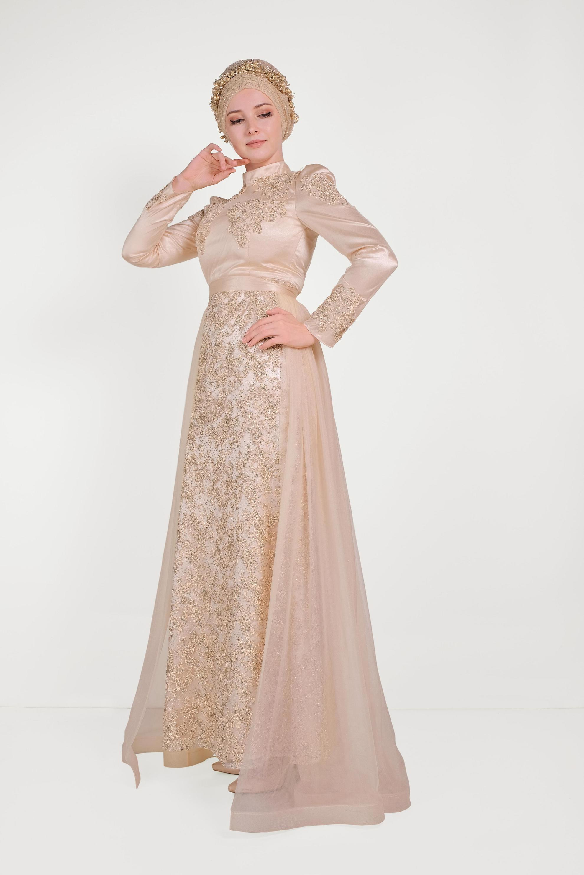 Tesettür giyim ALTIN GÜPÜR DETAYLI ABİYE ELBİSE 50010