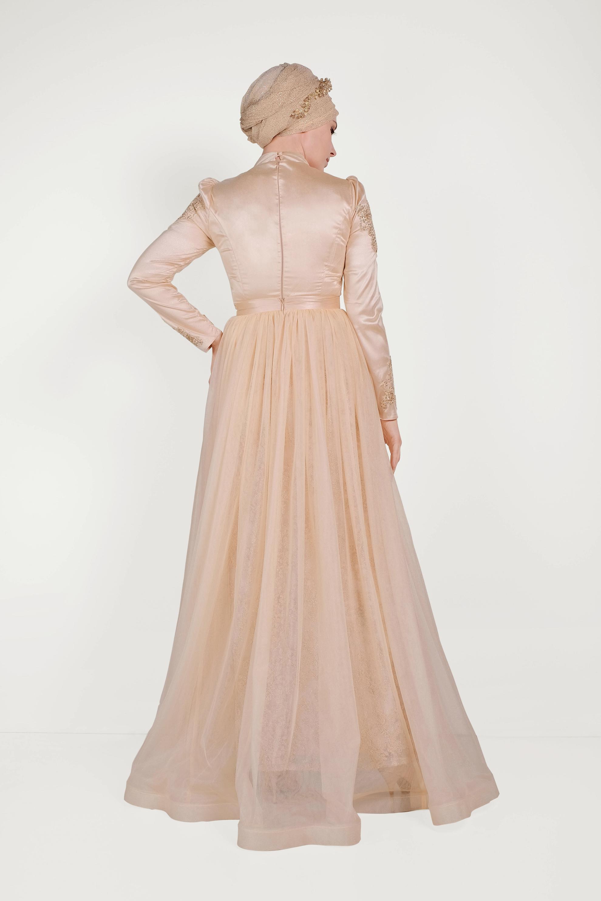 Tesettür giyim ALTIN GÜPÜR DETAYLI ABİYE ELBİSE 50010