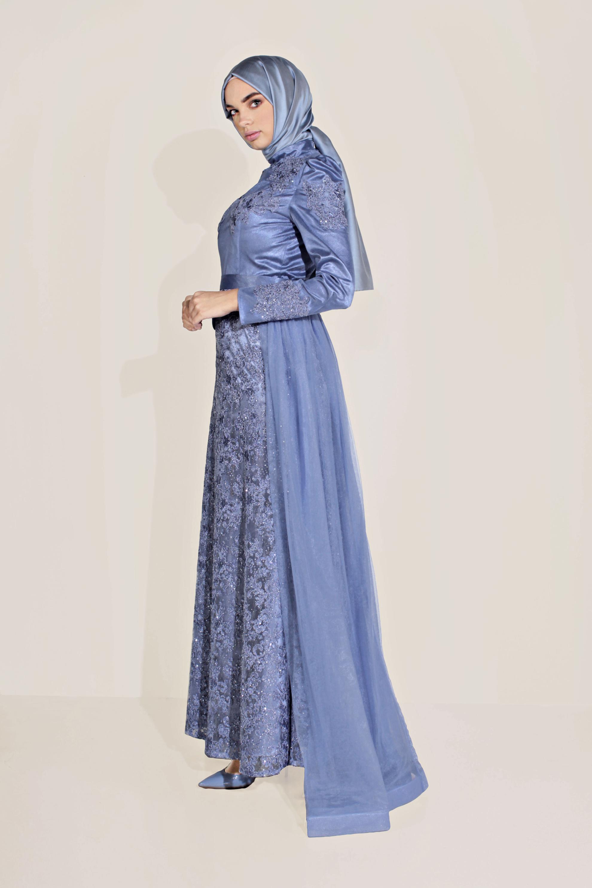 Tesettür giyim LACİVERT GÜPÜR DETAYLI ABİYE ELBİSE 50010