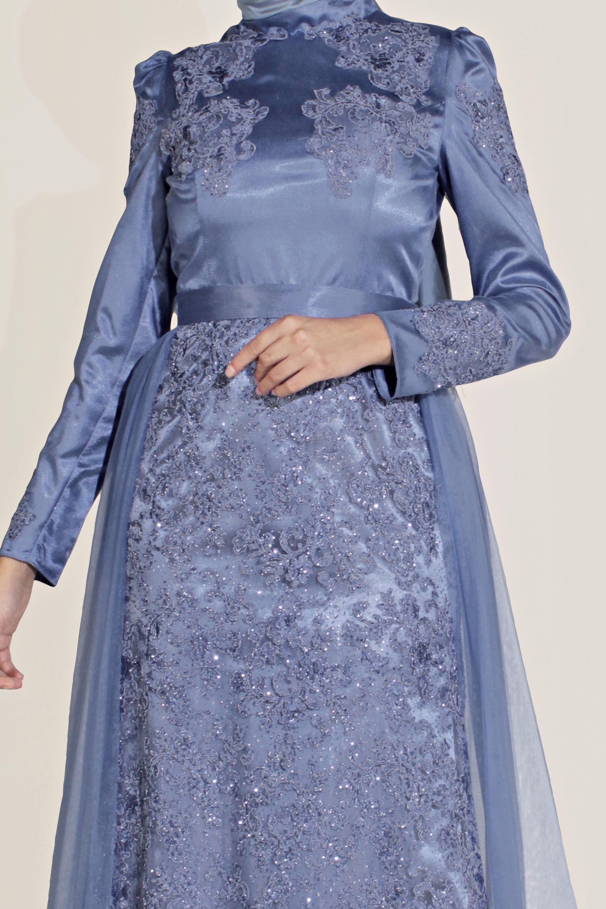 Tesettür giyim LACİVERT GÜPÜR DETAYLI ABİYE ELBİSE 50010