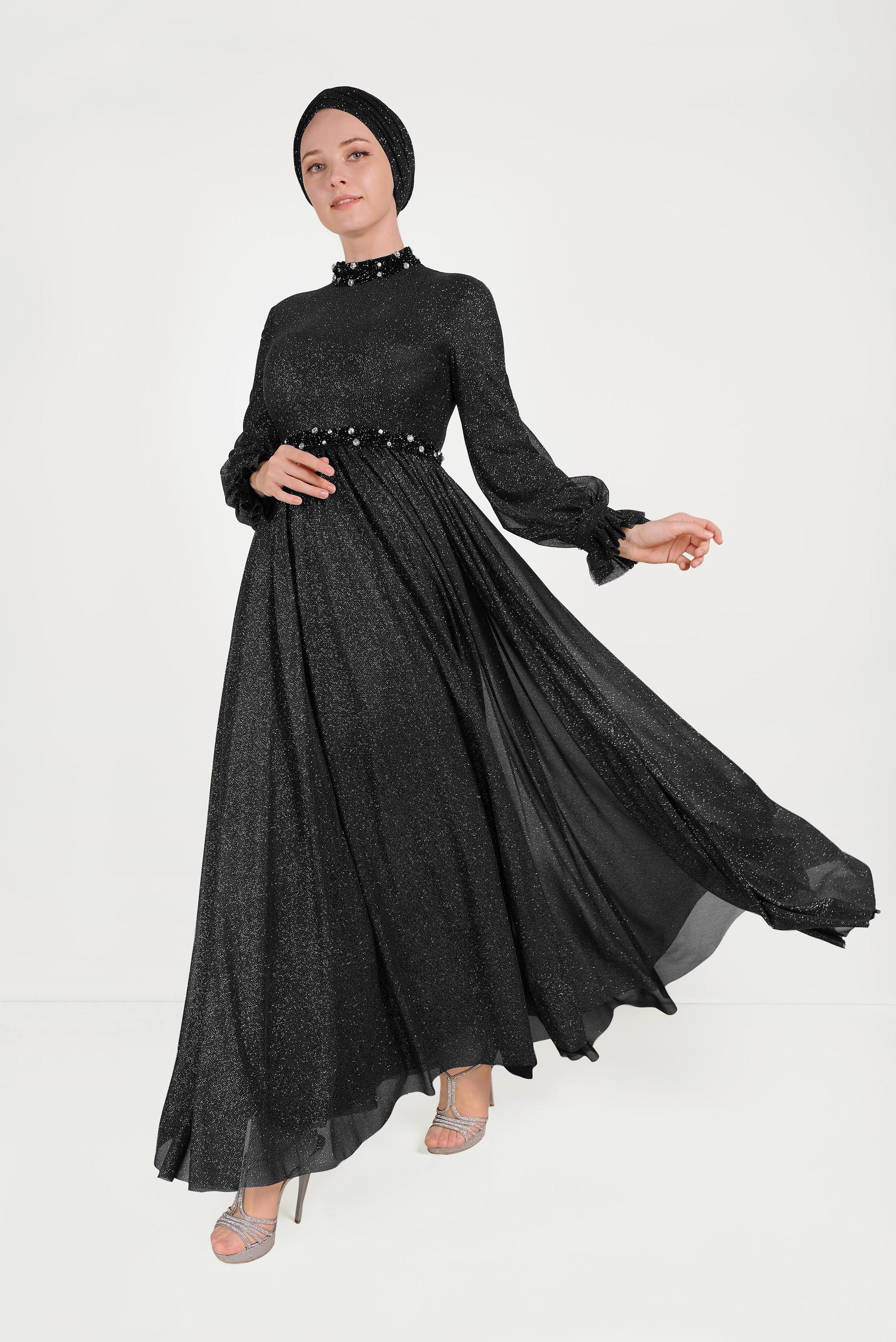 Tesettür giyim SİYAH SİMLİ ABİYE ELBİSE 50012