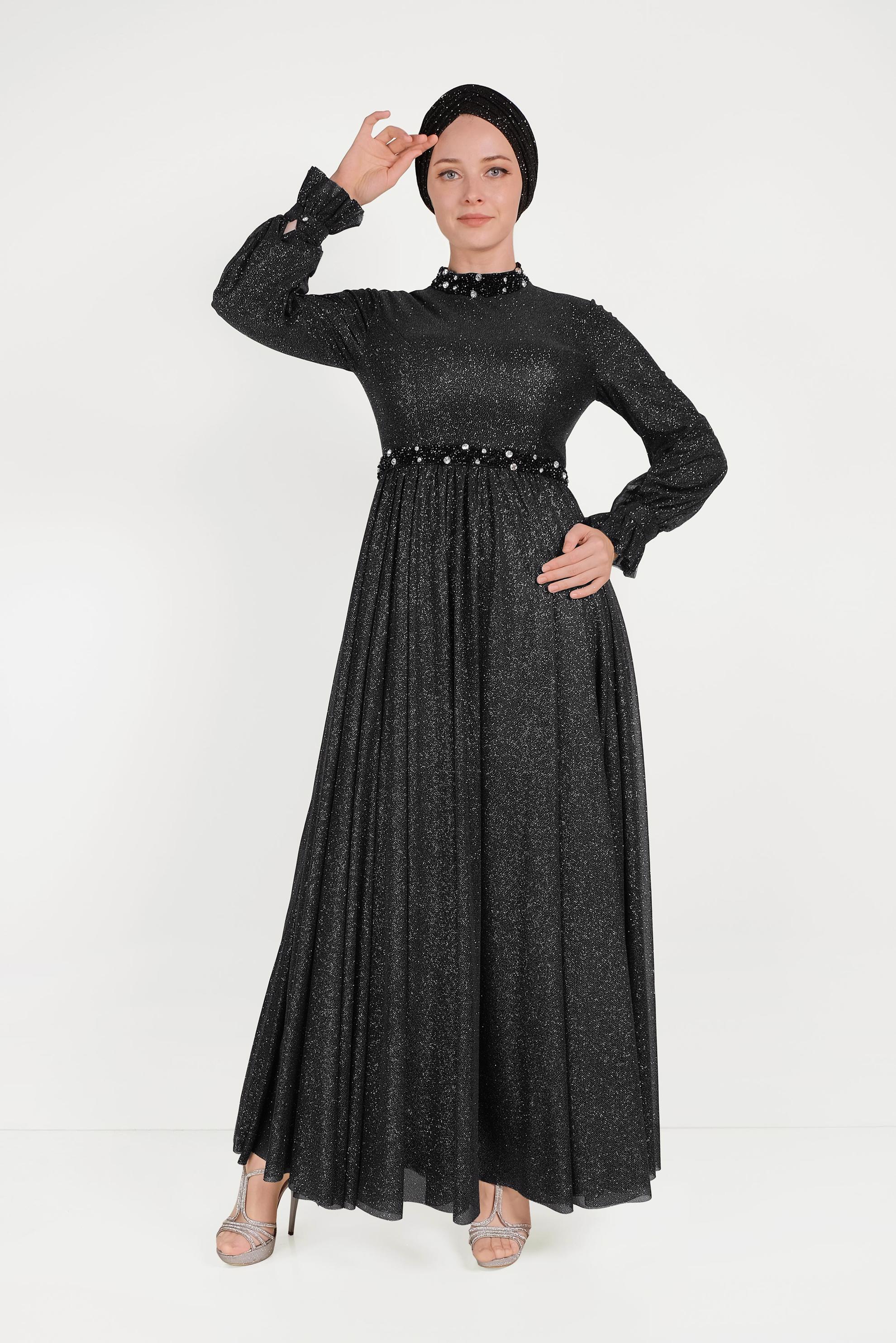 Tesettür giyim SİYAH SİMLİ ABİYE ELBİSE 50012