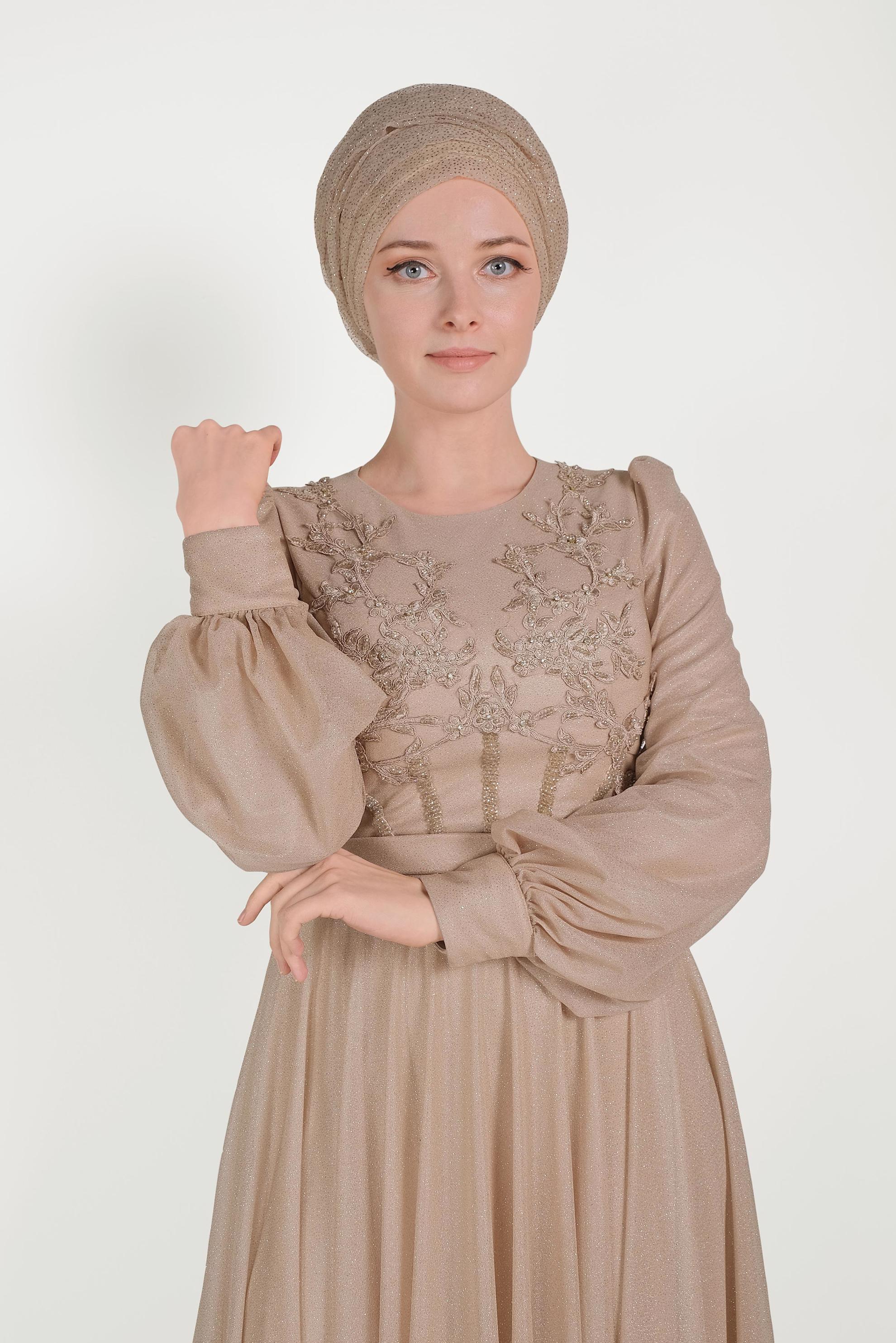 Tesettür giyim ALTIN GÜPÜRLÜ SİMLİ ABİYE ELBİSE 50013