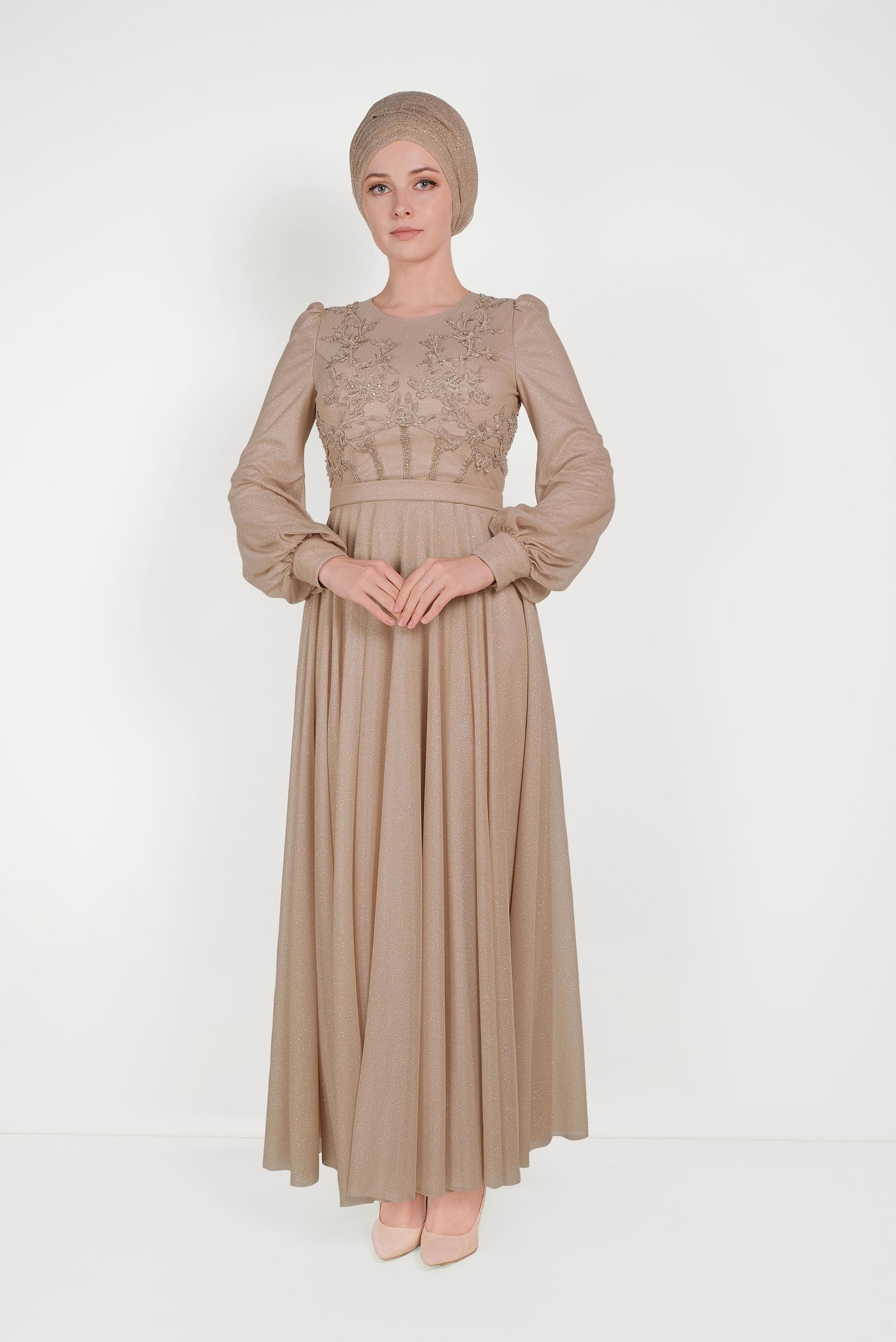 Tesettür giyim ALTIN GÜPÜRLÜ SİMLİ ABİYE ELBİSE 50013