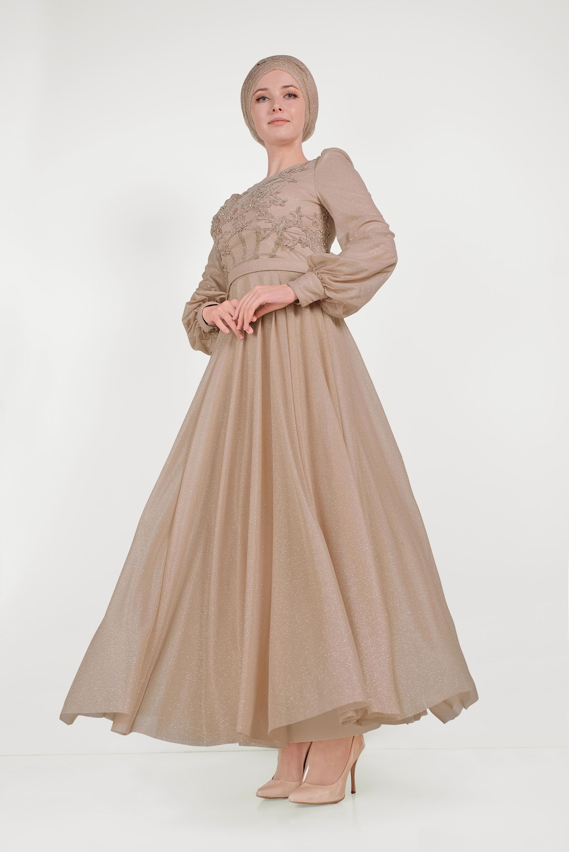 Tesettür giyim ALTIN GÜPÜRLÜ SİMLİ ABİYE ELBİSE 50013