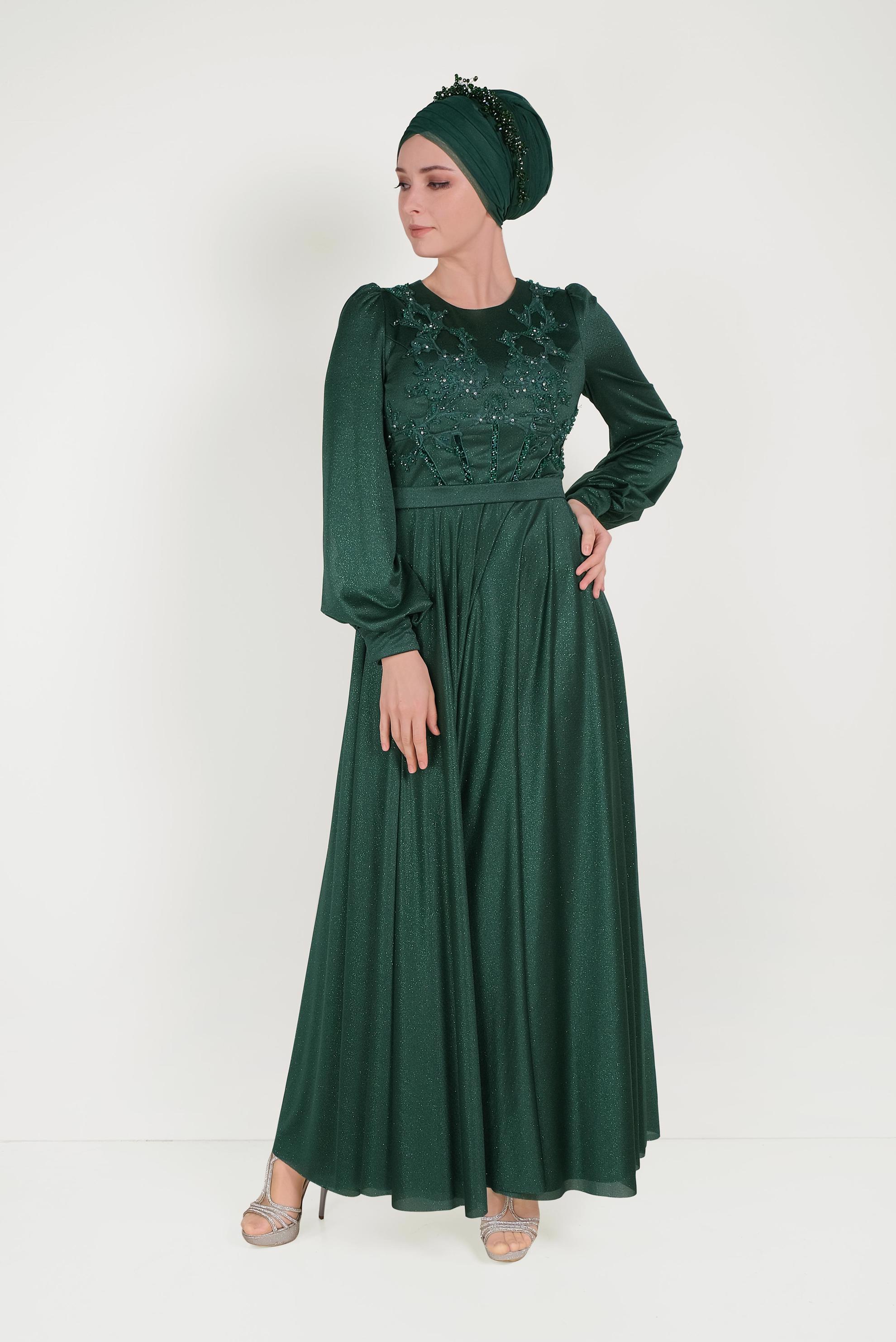 Hijab clothing GREEN SPARKLY NIGHTDRESS WITH GUIPURES 50013