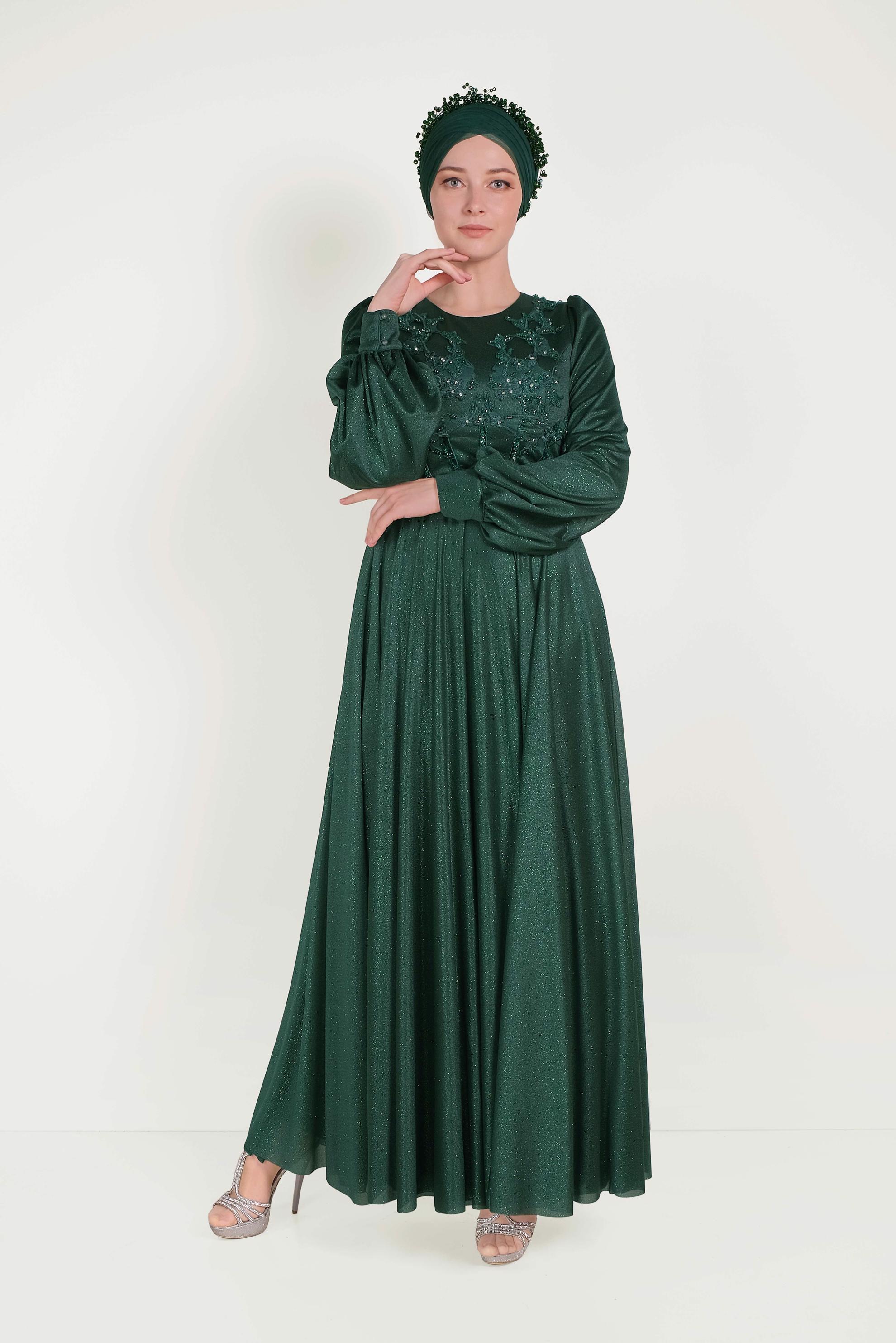 Hijab clothing GREEN SPARKLY NIGHTDRESS WITH GUIPURES 50013