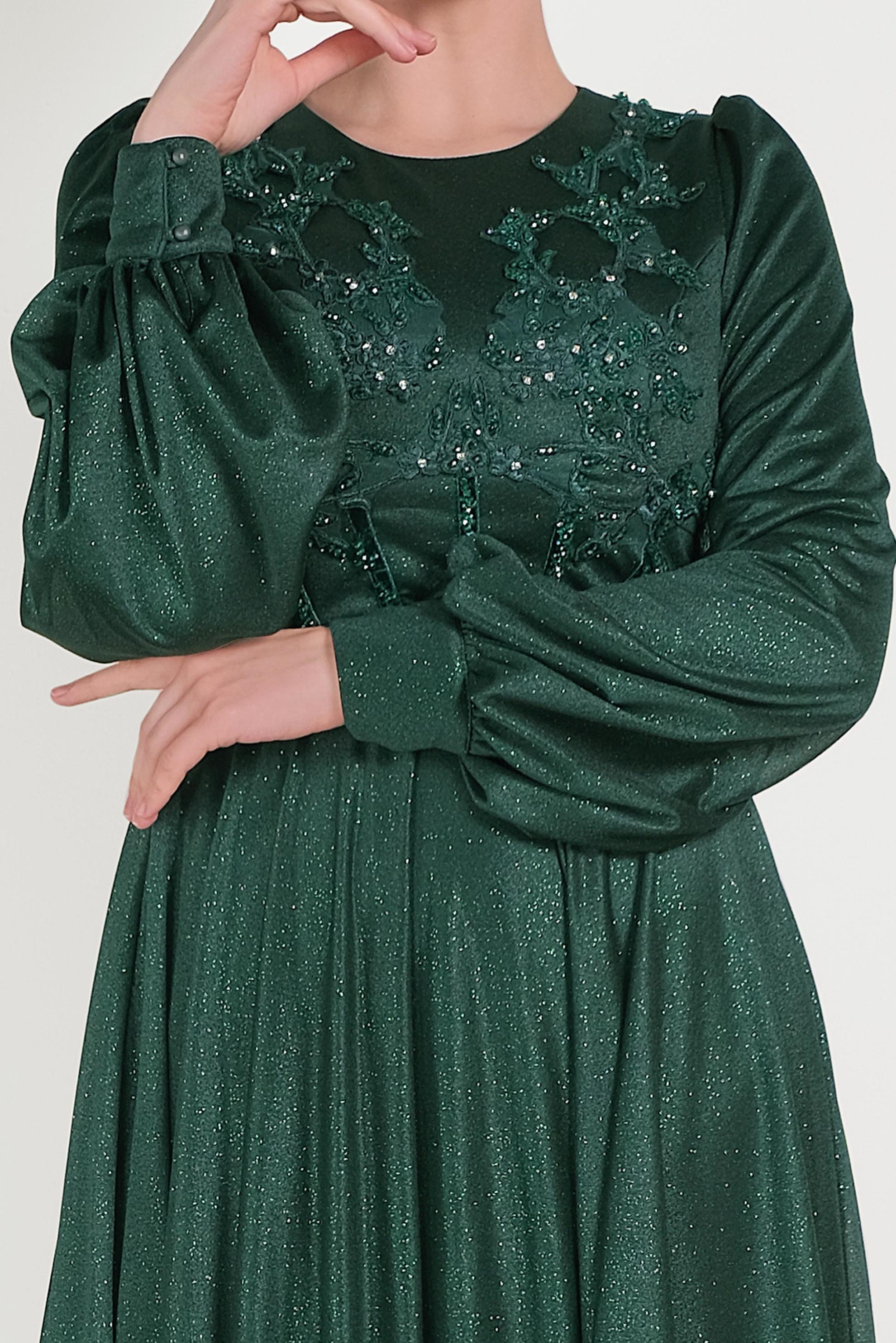 Hijab clothing GREEN SPARKLY NIGHTDRESS WITH GUIPURES 50013