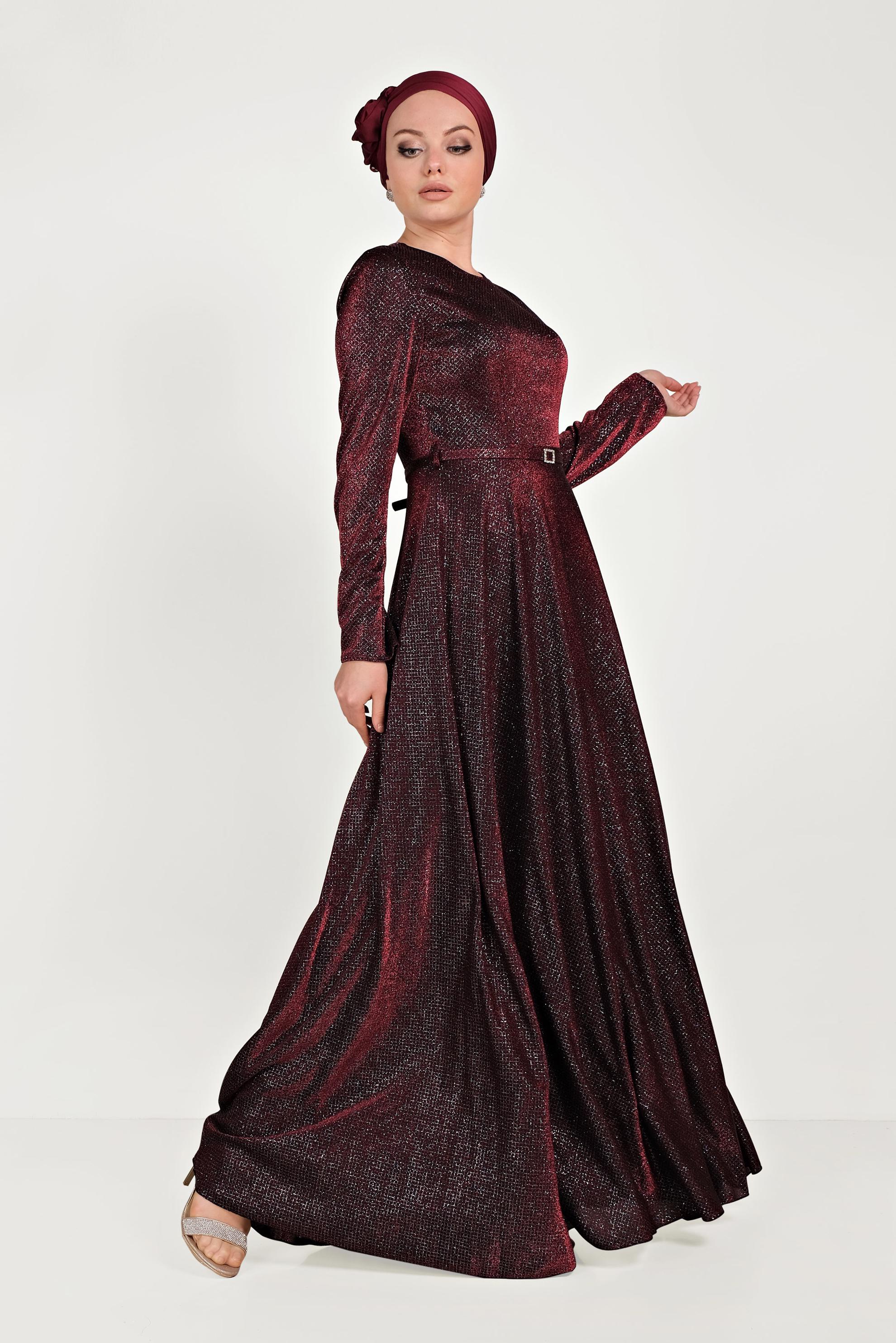 Tesettür giyim BORDO SİMLİ ABİYE ELBİSE 50014