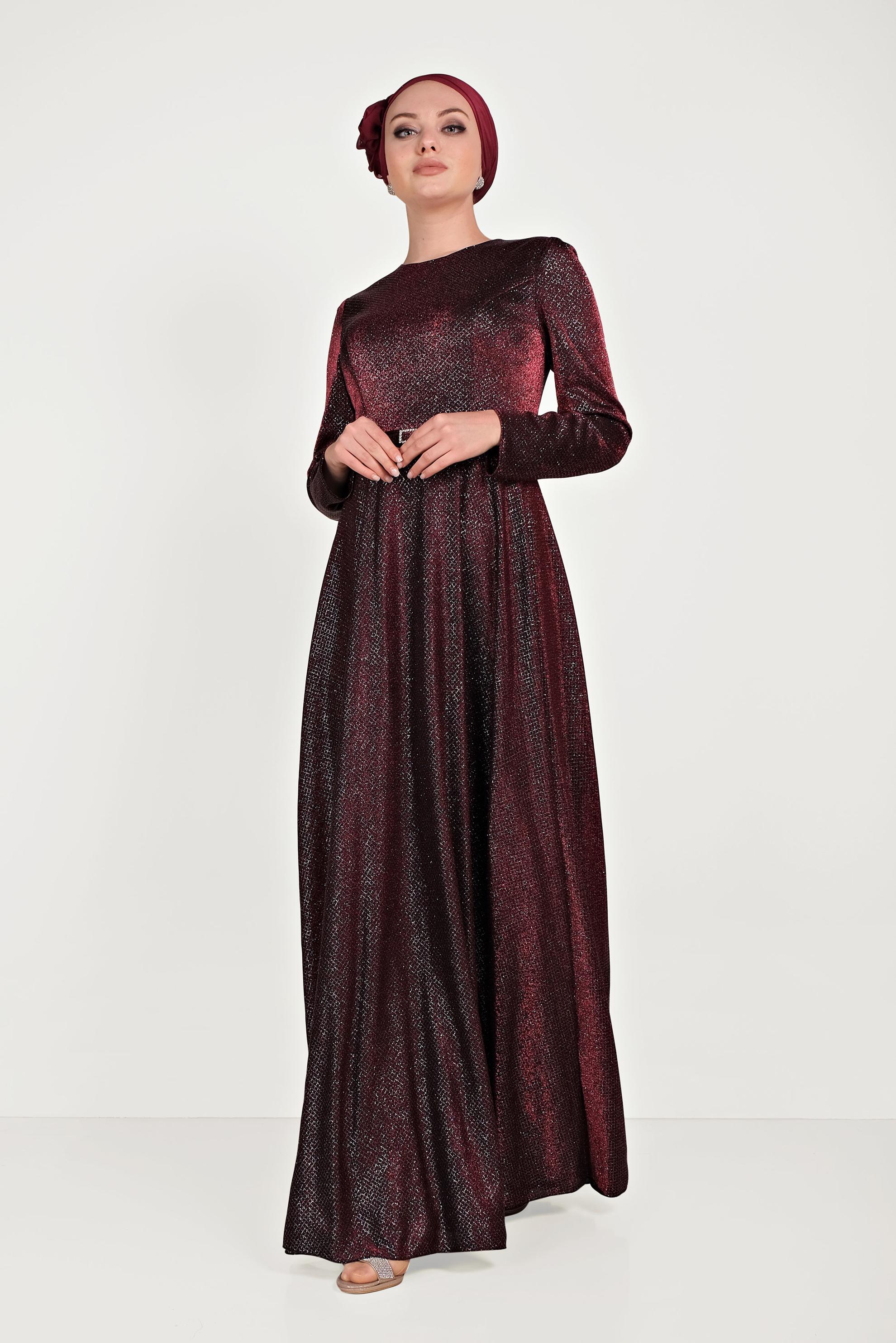 Tesettür giyim BORDO SİMLİ ABİYE ELBİSE 50014