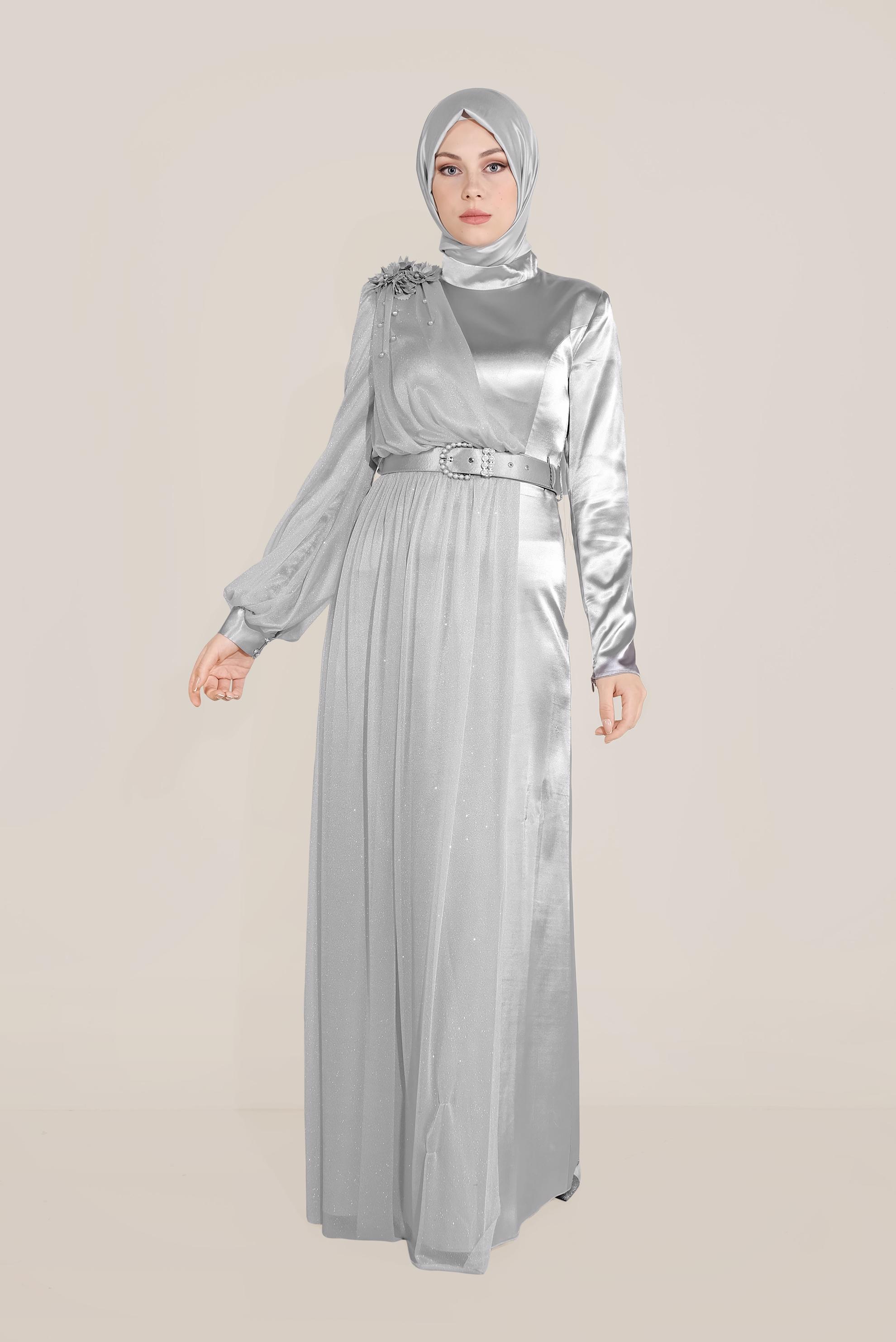 Tesettür giyim GRİ ÜÇ BOYUTLU ÇİÇEKLİ İNCİLİ ABİYE 50017 