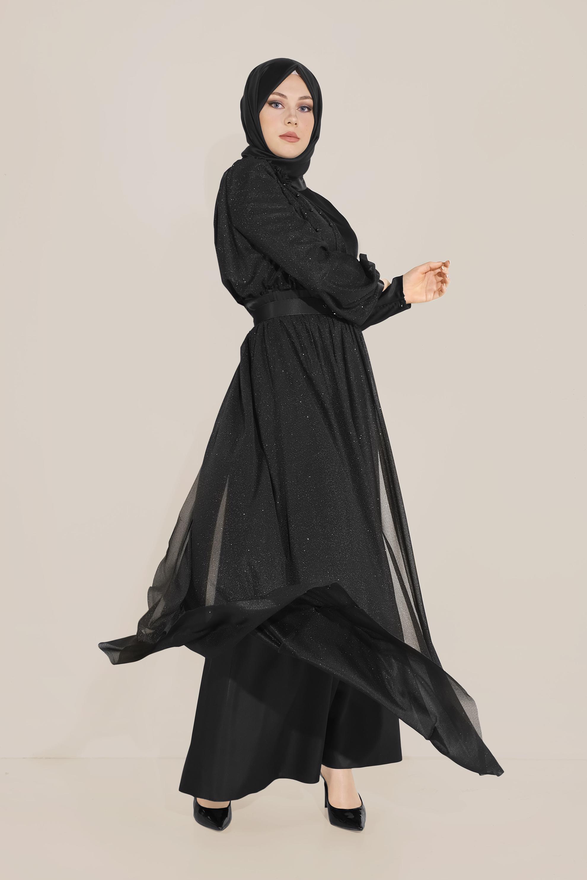 Tesettür giyim SİYAH ÜÇ BOYUTLU ÇİÇEKLİ İNCİLİ ABİYE 50017 