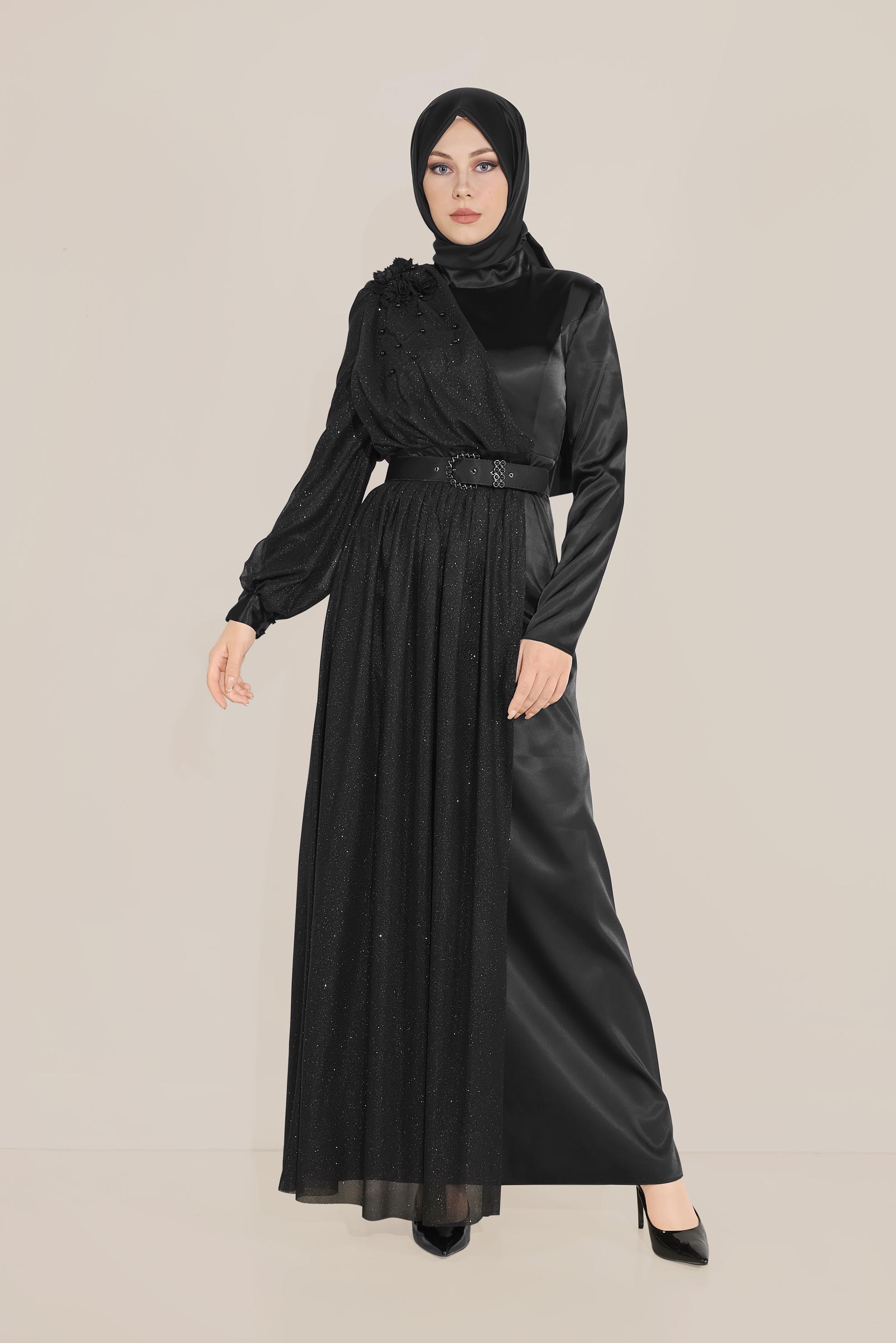 Tesettür giyim SİYAH ÜÇ BOYUTLU ÇİÇEKLİ İNCİLİ ABİYE 50017 