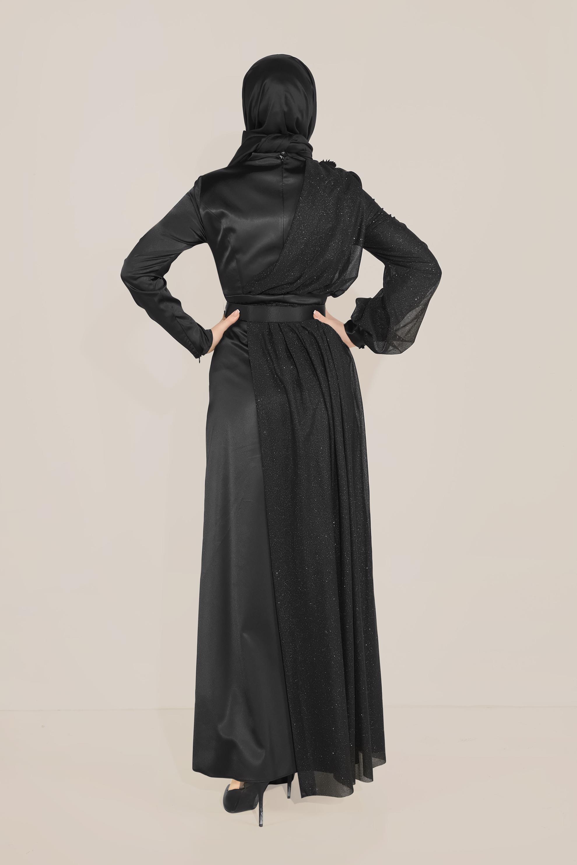 Tesettür giyim SİYAH ÜÇ BOYUTLU ÇİÇEKLİ İNCİLİ ABİYE 50017 