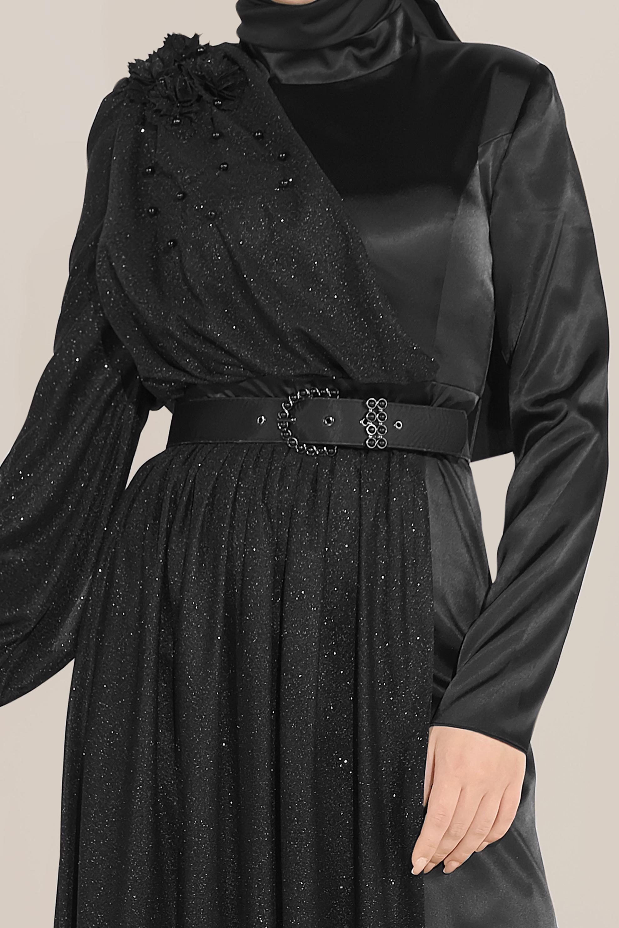 Tesettür giyim SİYAH ÜÇ BOYUTLU ÇİÇEKLİ İNCİLİ ABİYE 50017 