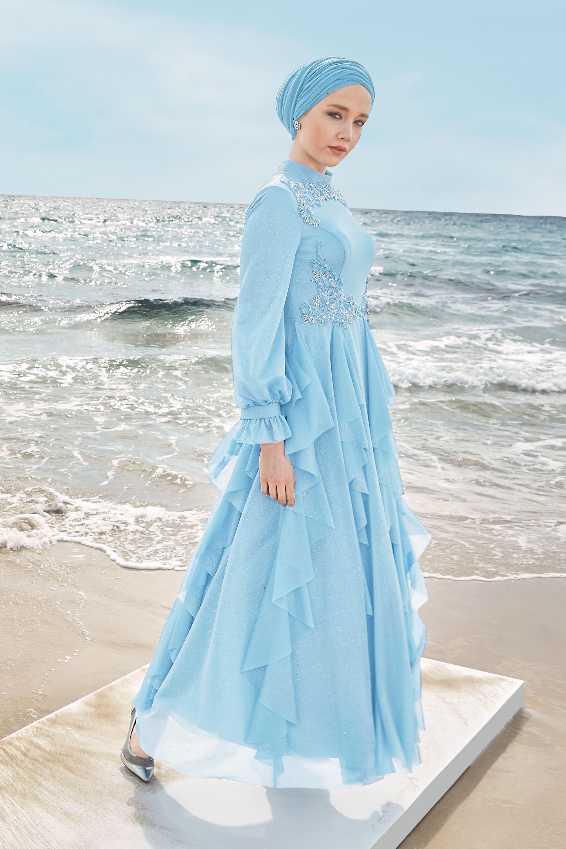 Tesettür giyim MAVİ BONCUKLU HAKİM YAKA FIRFIRLI ELBİSE 50018