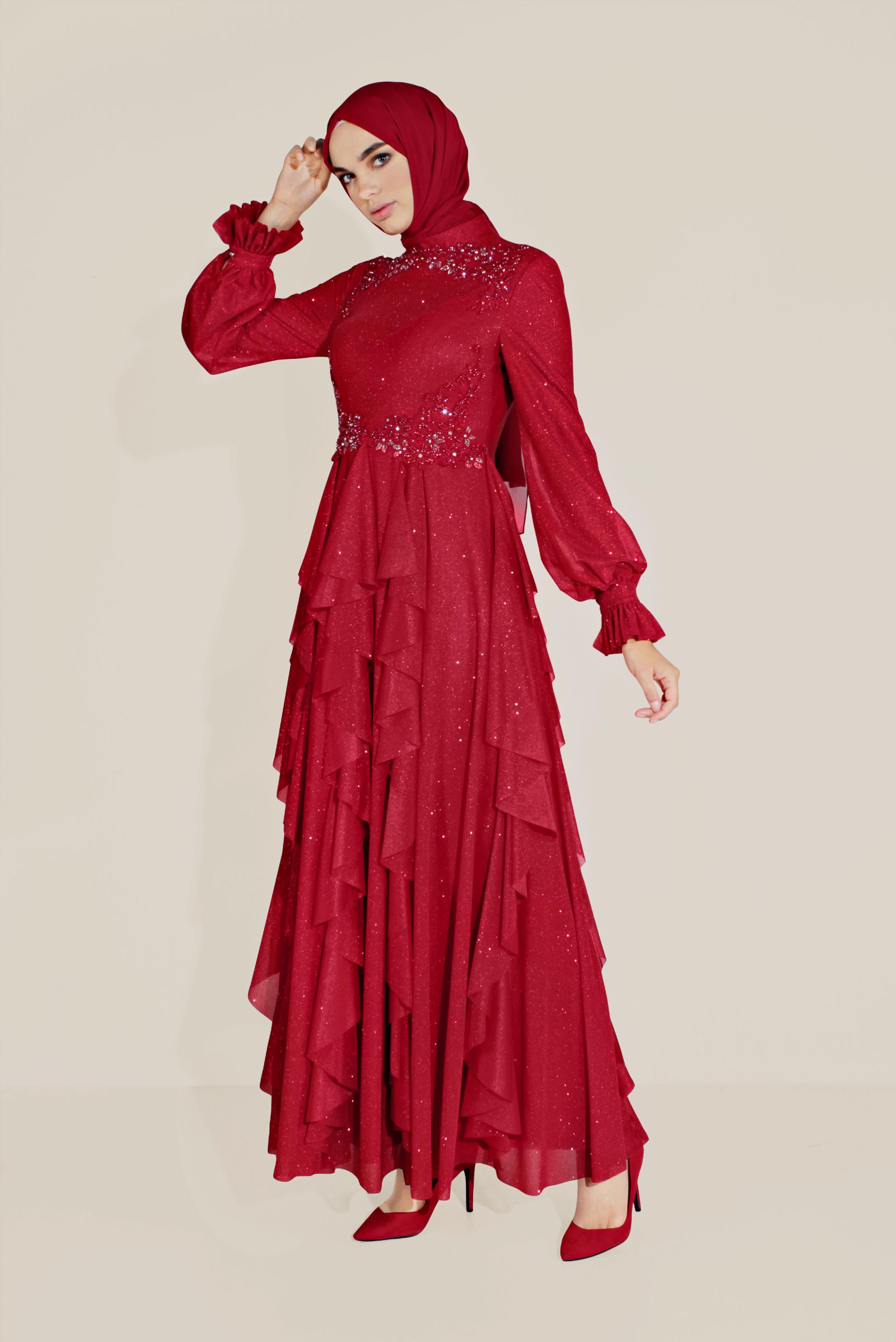 Tesettür giyim KIRMIZI BONCUKLU HAKİM YAKA FIRFIRLI ELBİSE 50018