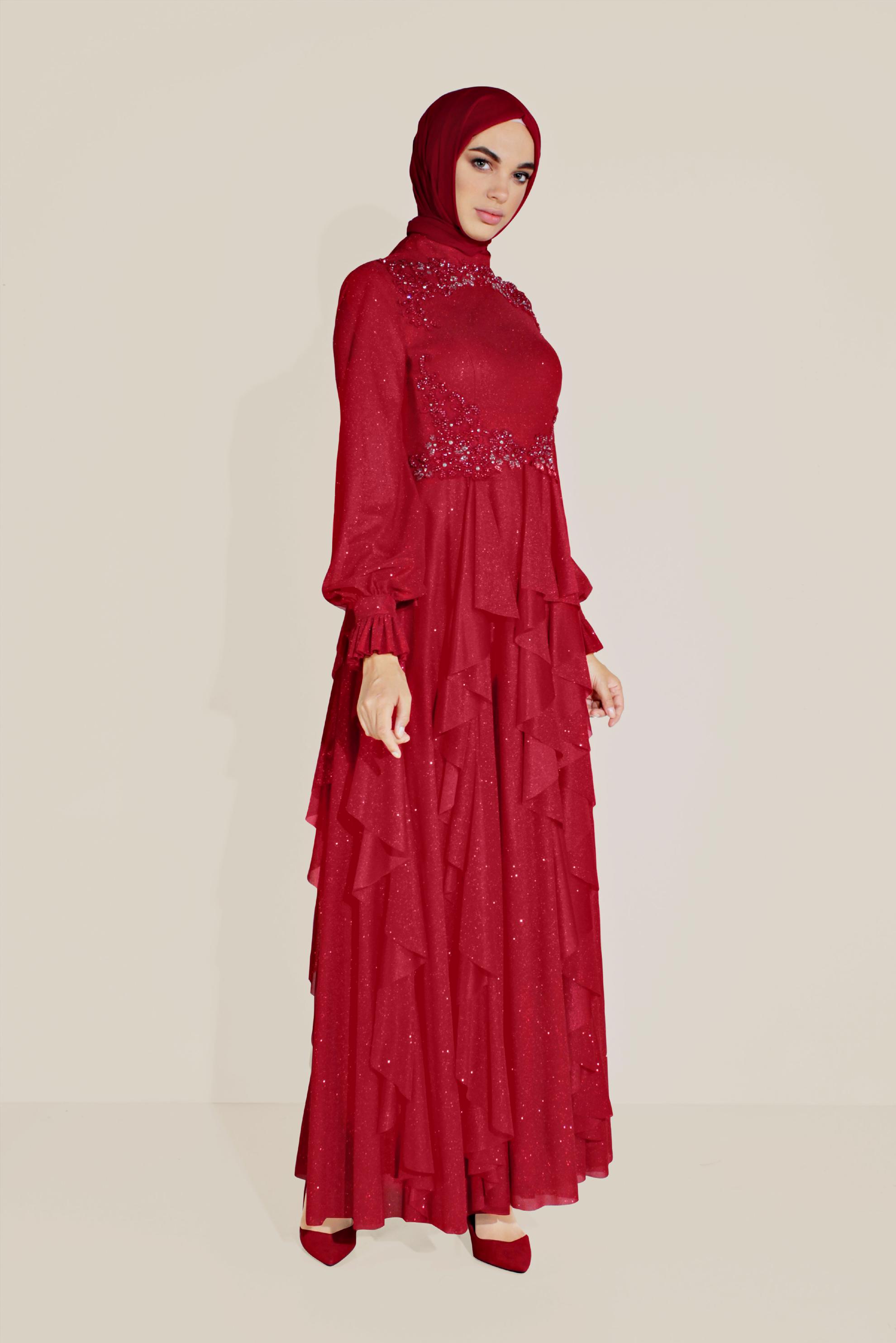 Tesettür giyim KIRMIZI BONCUKLU HAKİM YAKA FIRFIRLI ELBİSE 50018