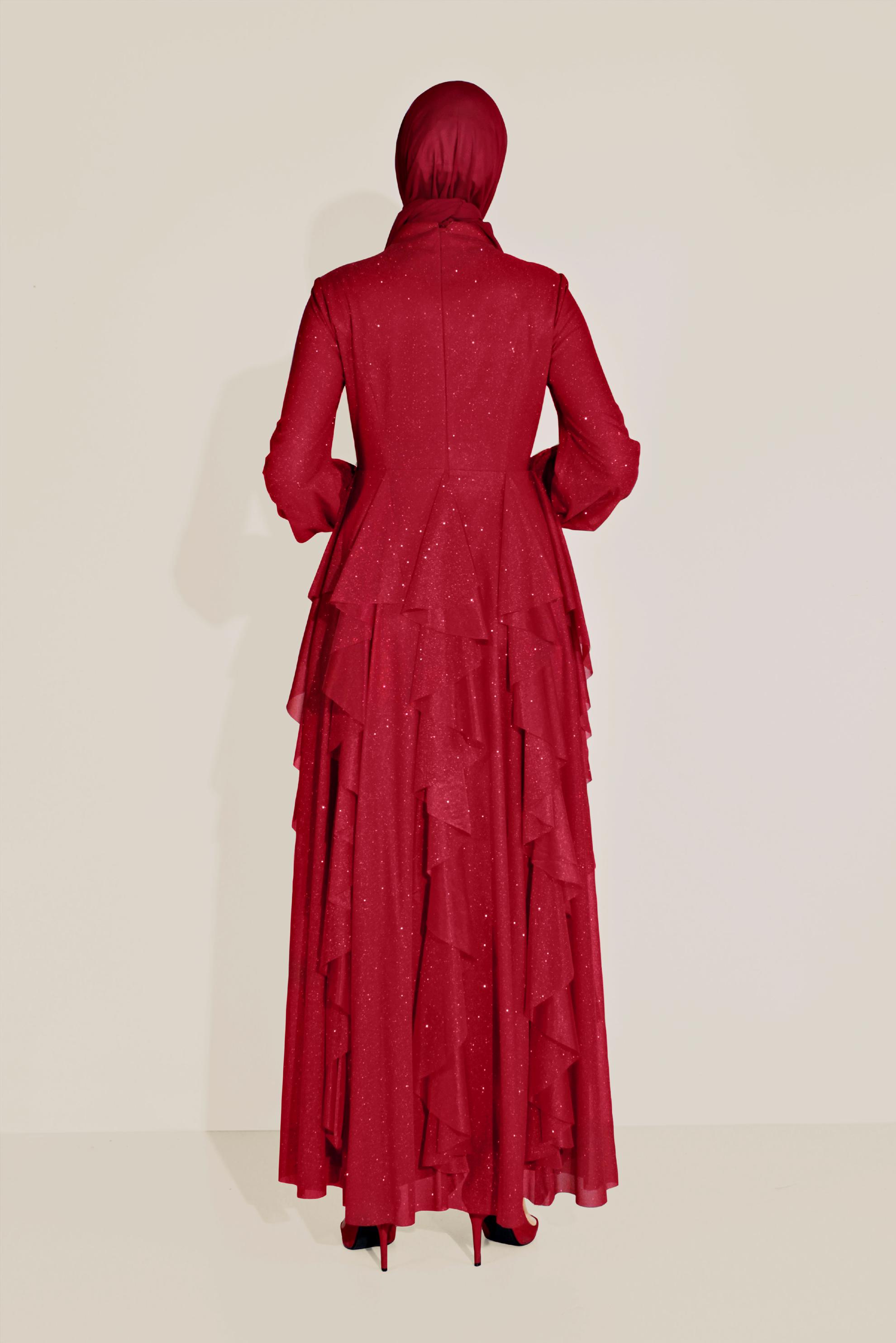 Tesettür giyim KIRMIZI BONCUKLU HAKİM YAKA FIRFIRLI ELBİSE 50018