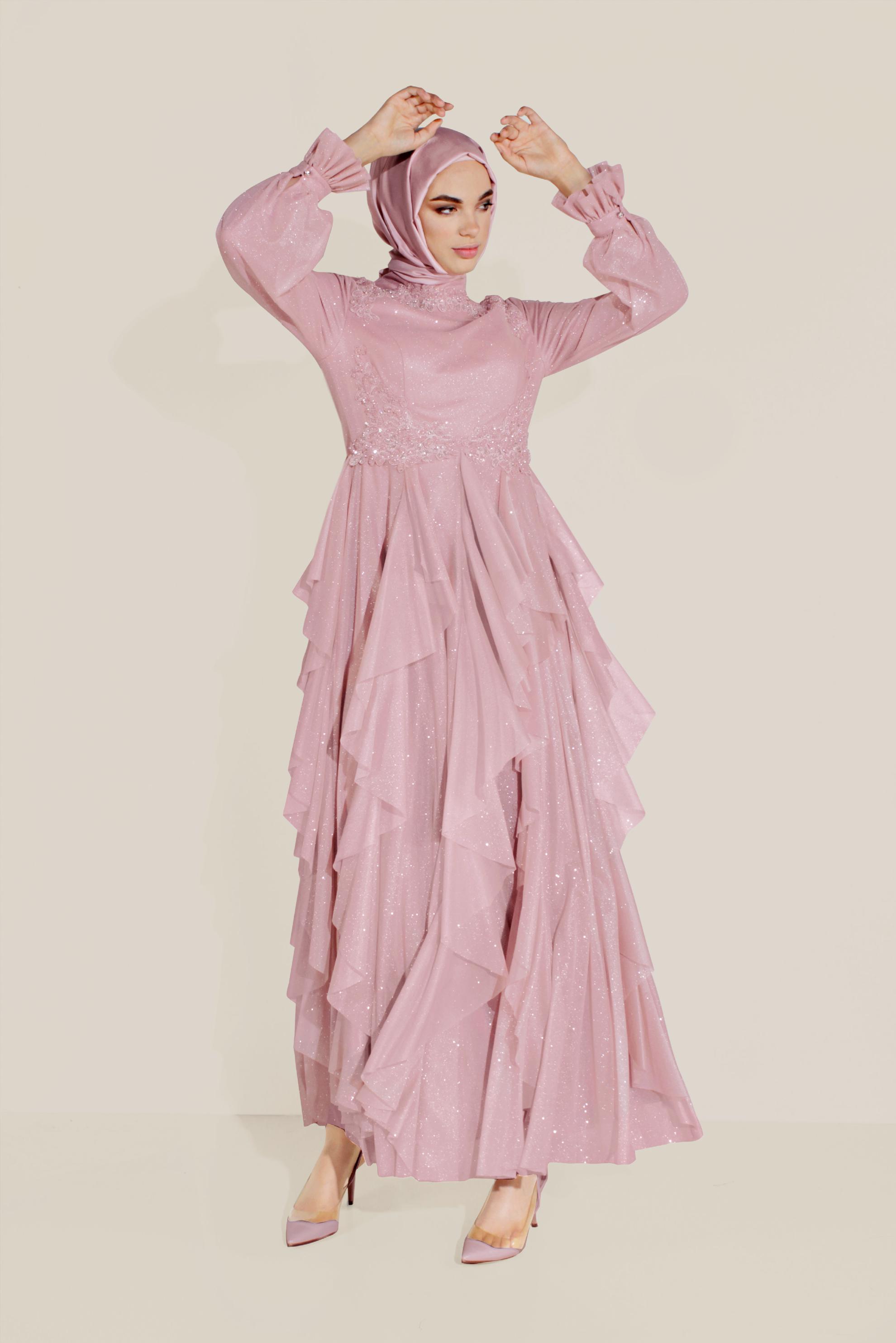 Tesettür giyim PUDRA BONCUKLU HAKİM YAKA FIRFIRLI ELBİSE 50018