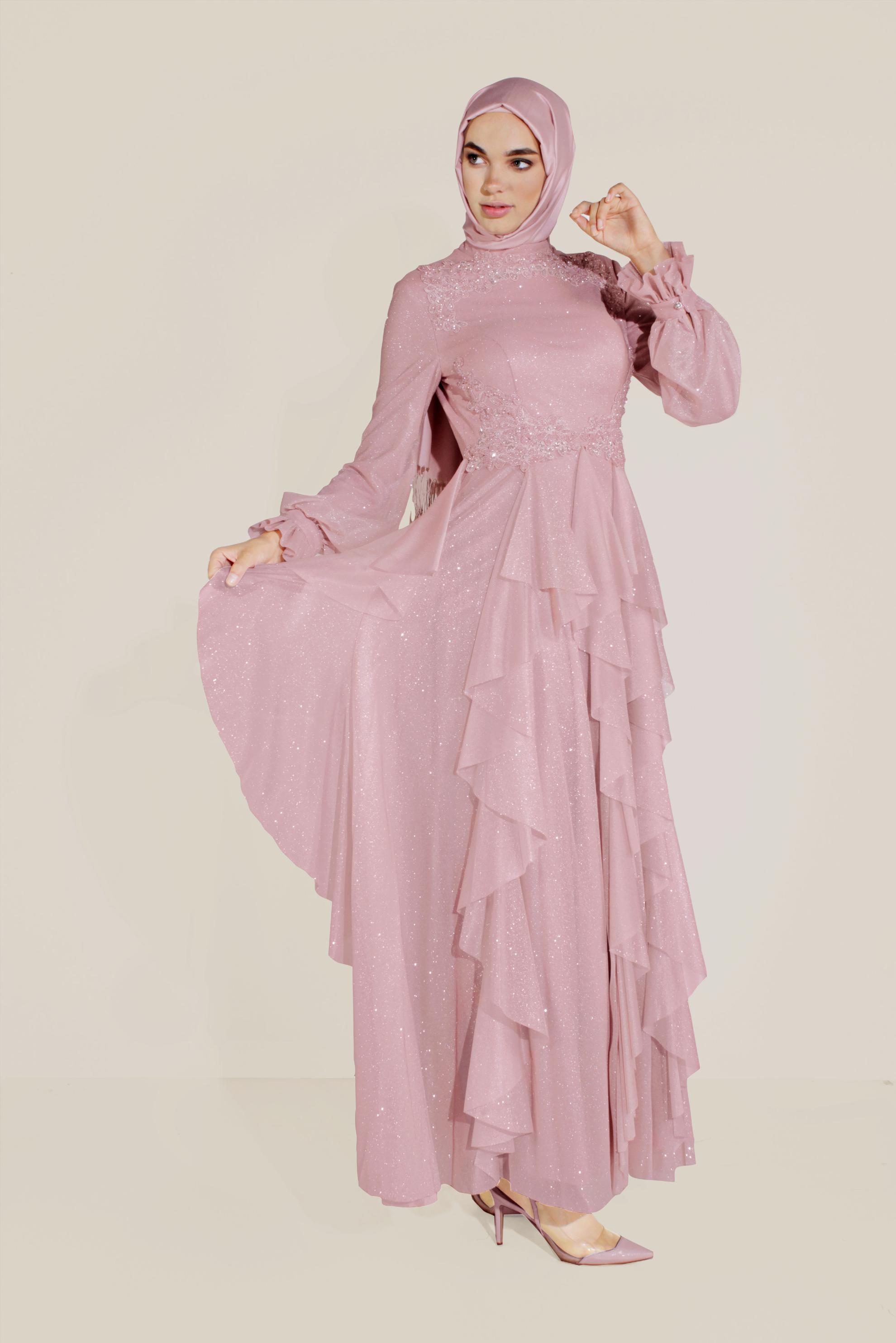 Tesettür giyim PUDRA BONCUKLU HAKİM YAKA FIRFIRLI ELBİSE 50018
