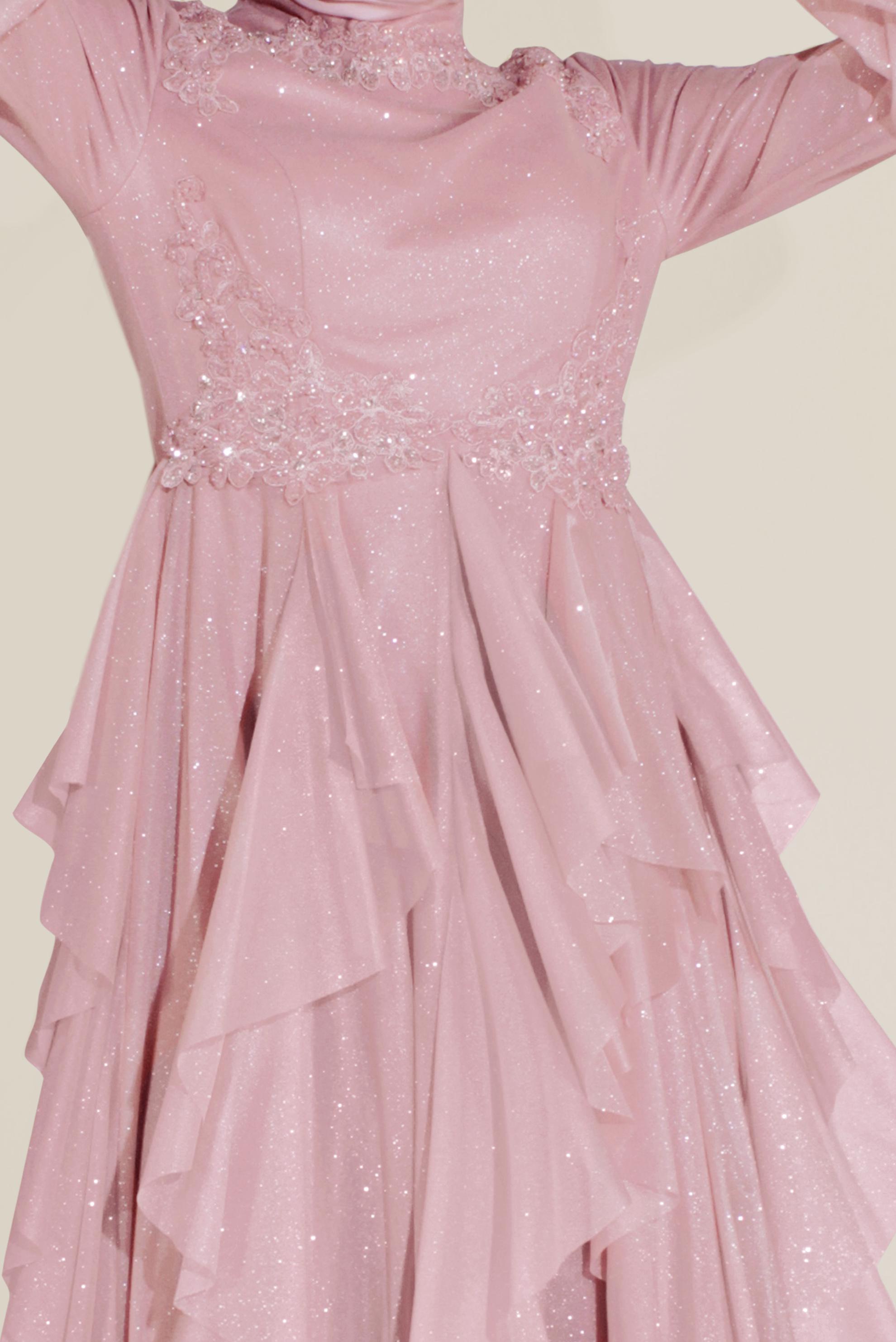 Tesettür giyim PUDRA BONCUKLU HAKİM YAKA FIRFIRLI ELBİSE 50018