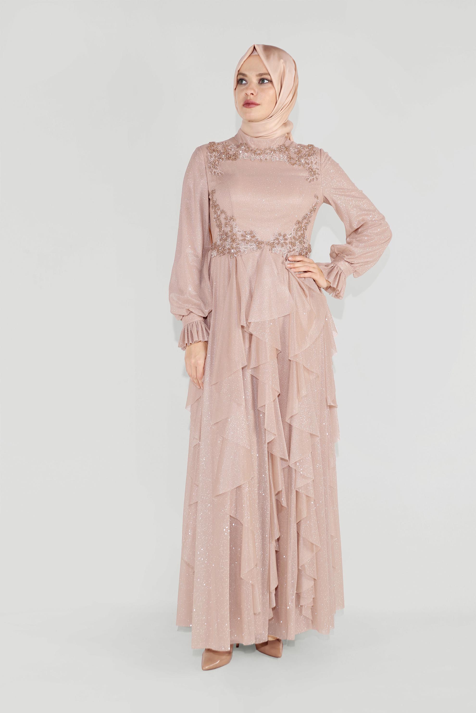 Tesettür giyim ALTIN BONCUKLU HAKİM YAKA FIRFIRLI ELBİSE 50018