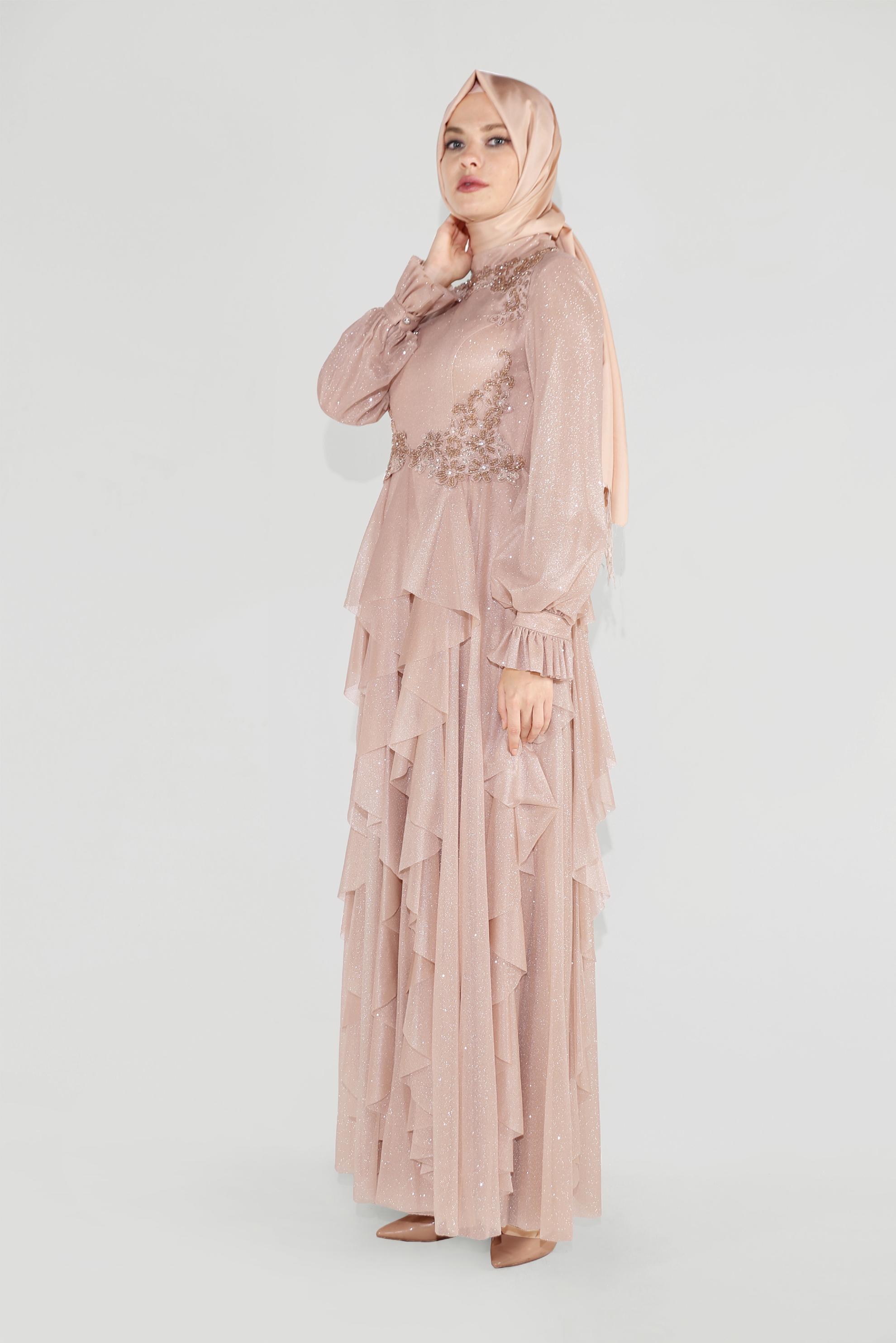 Tesettür giyim ALTIN BONCUKLU HAKİM YAKA FIRFIRLI ELBİSE 50018