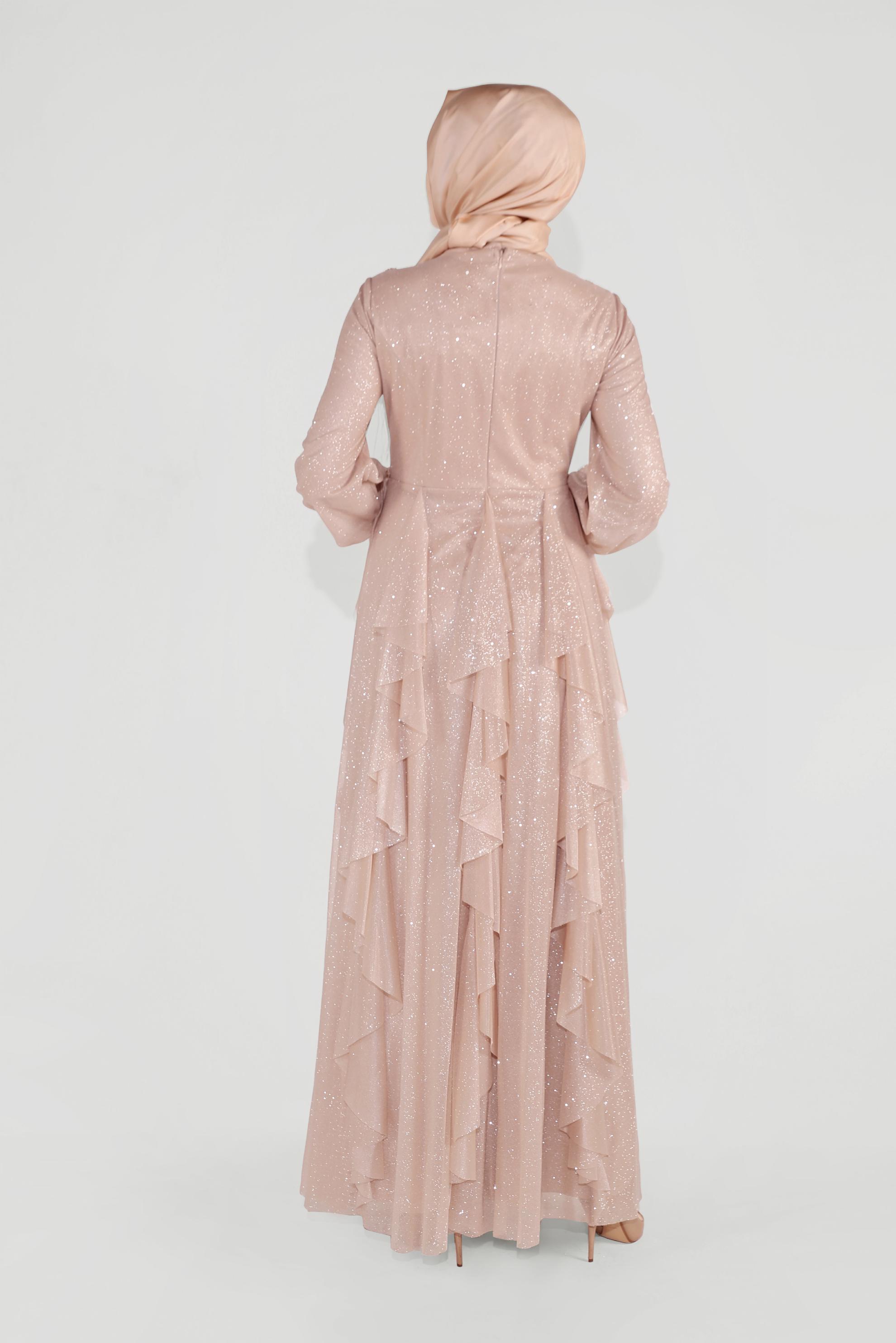 Tesettür giyim ALTIN BONCUKLU HAKİM YAKA FIRFIRLI ELBİSE 50018