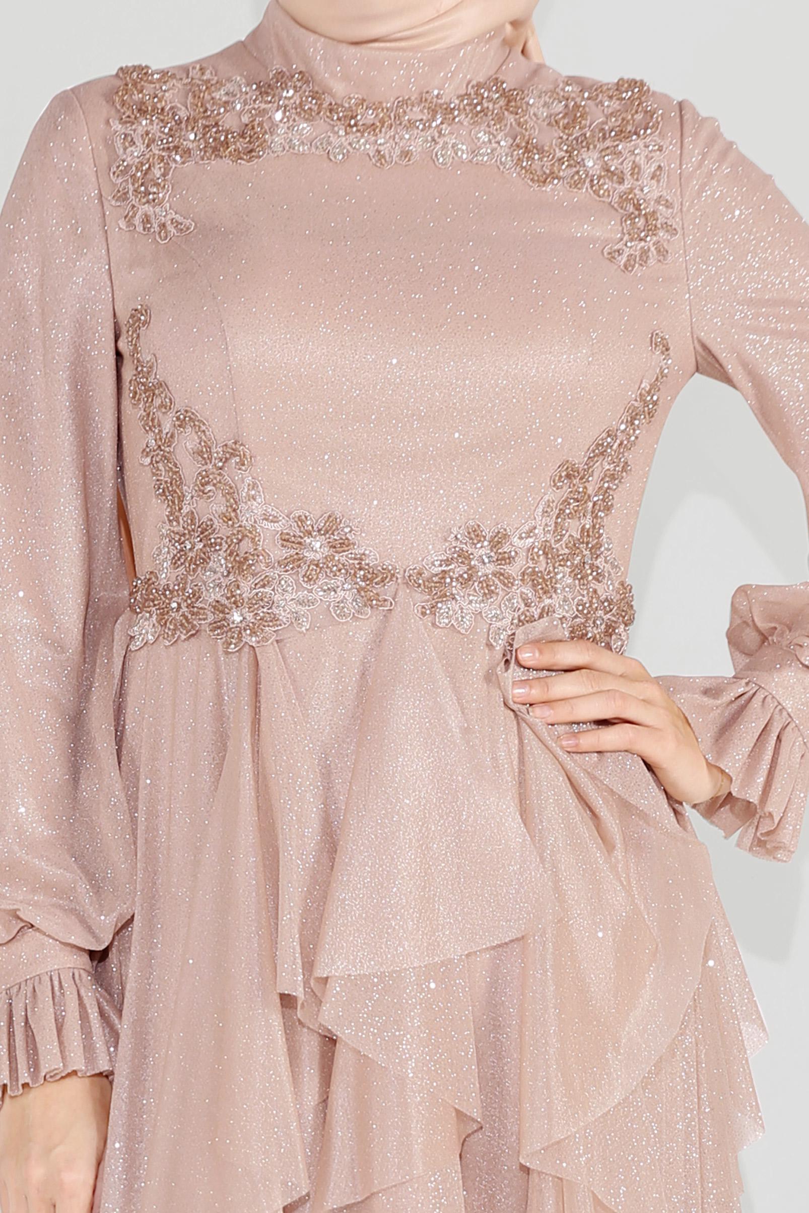 Tesettür giyim ALTIN BONCUKLU HAKİM YAKA FIRFIRLI ELBİSE 50018