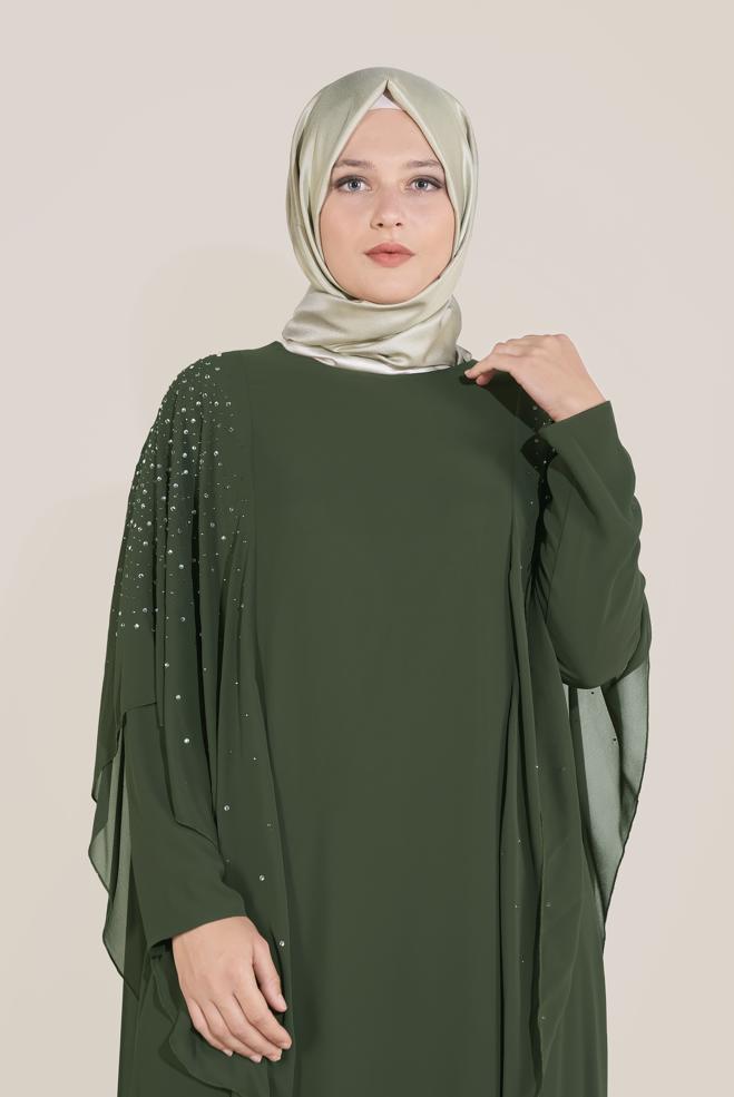 Tesettür giyim HAKİ TAŞLI ŞİFON ABİYE 50019  - ALVİNA