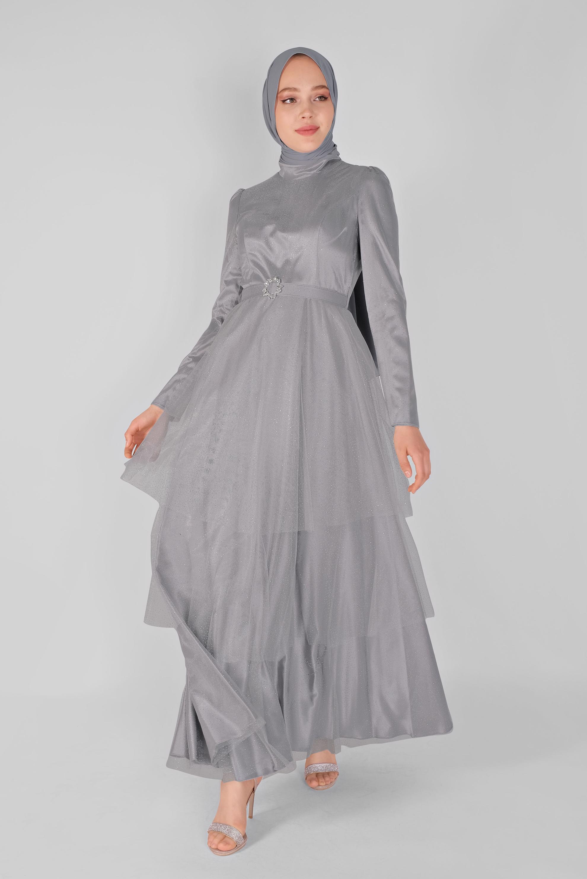 Tesettür giyim GRİ PARLAK TÜL ABİYE ELBİSE 50021 