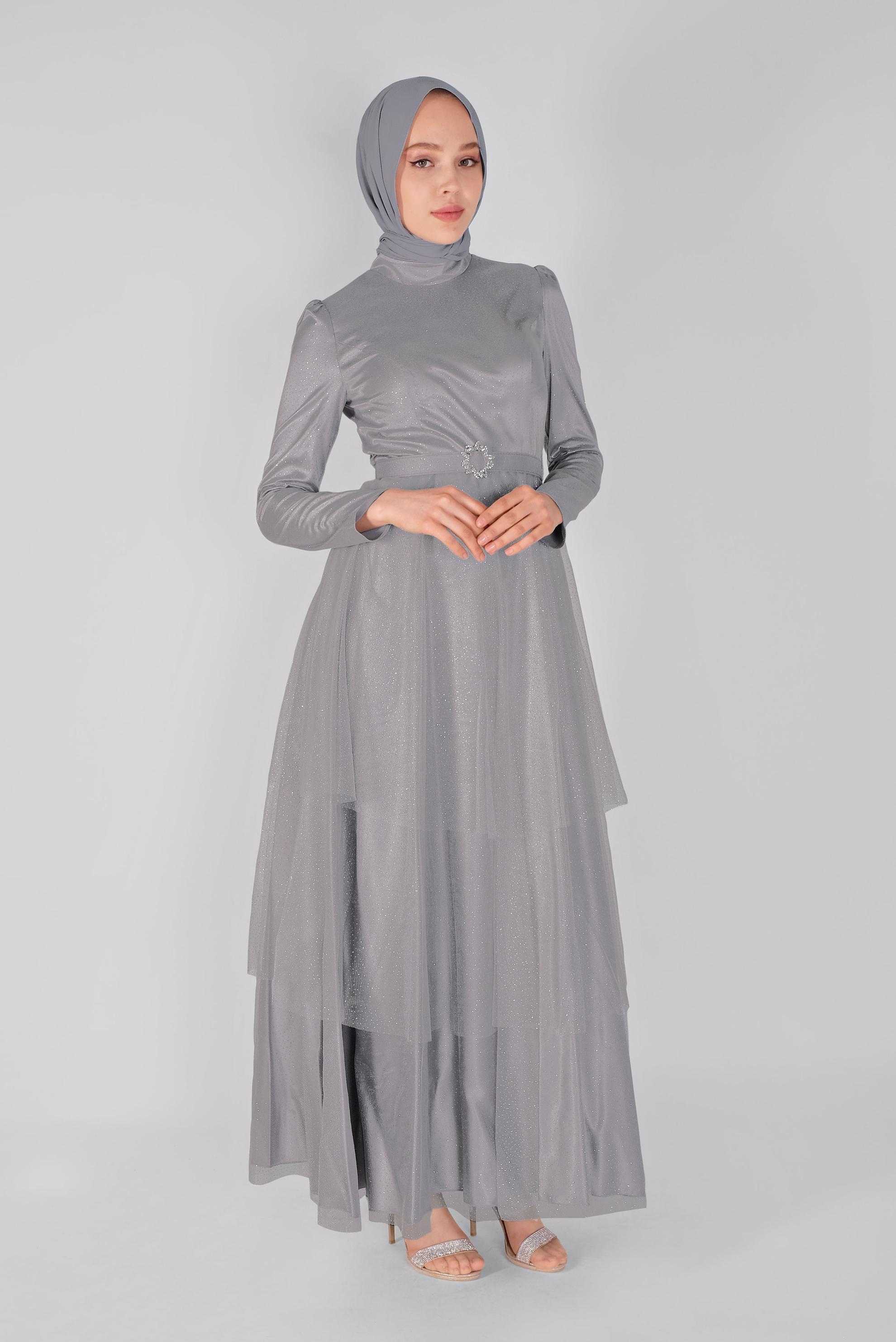 Tesettür giyim GRİ PARLAK TÜL ABİYE ELBİSE 50021 