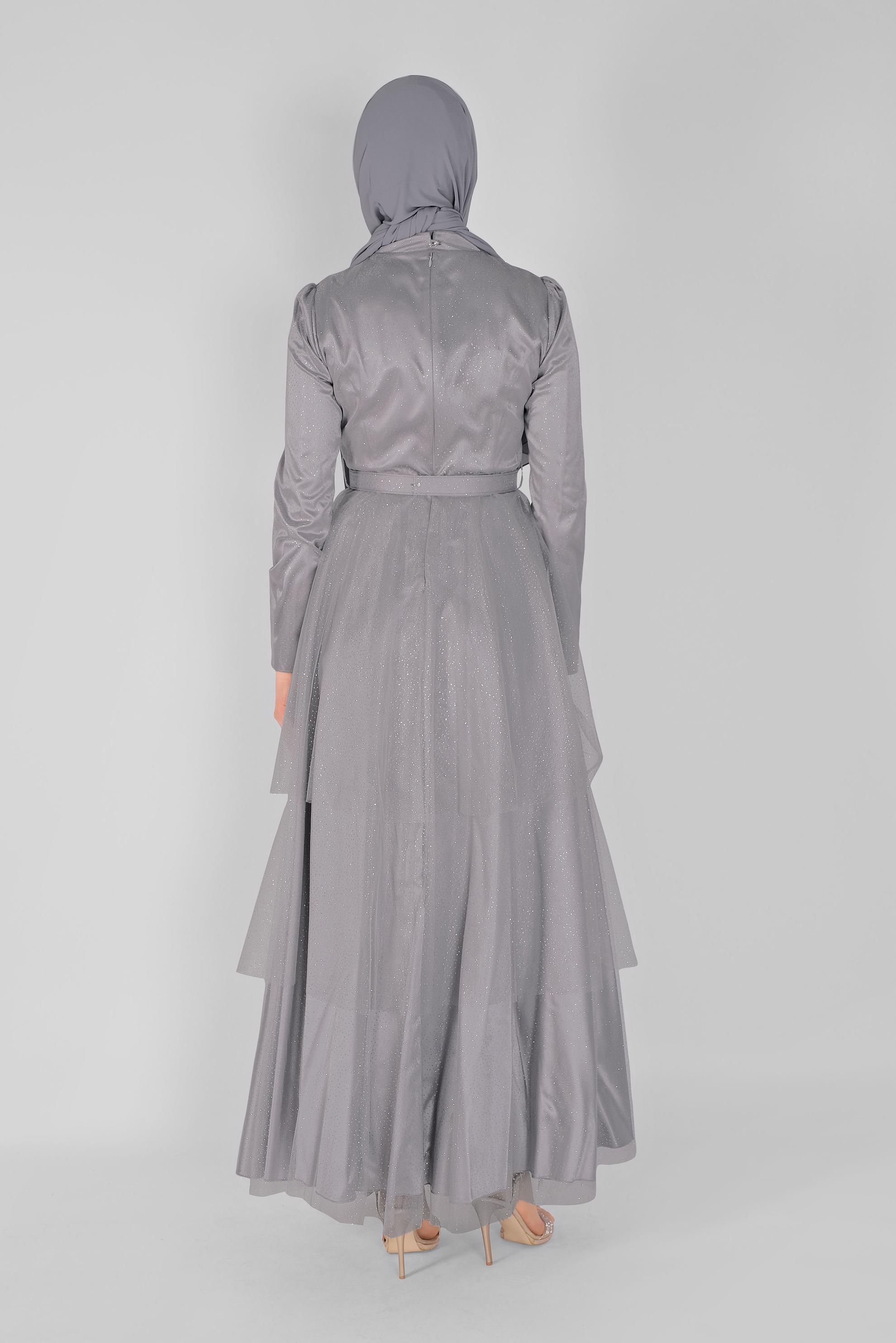 Tesettür giyim GRİ PARLAK TÜL ABİYE ELBİSE 50021 