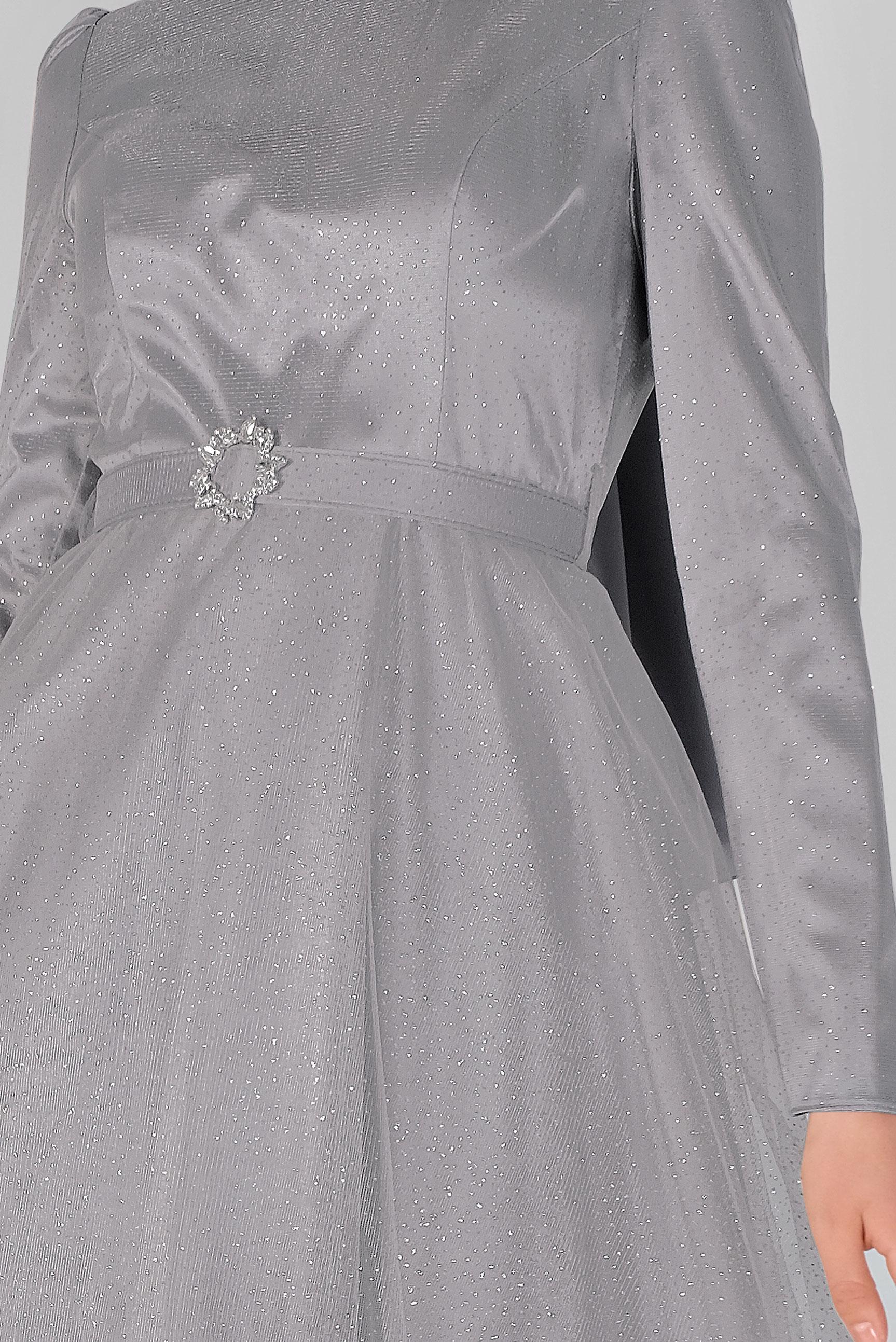 Tesettür giyim GRİ PARLAK TÜL ABİYE ELBİSE 50021 