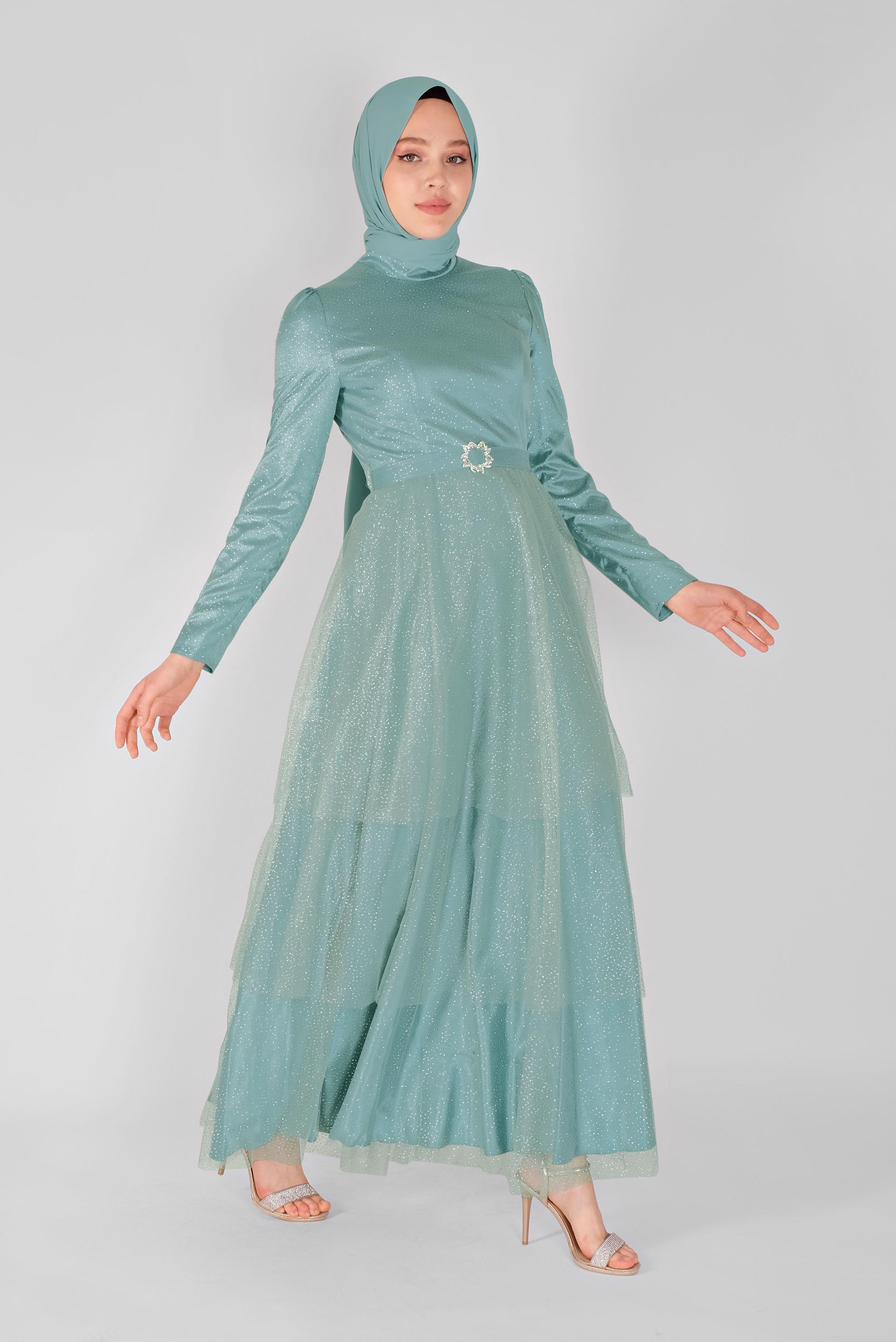 Tesettür giyim YEŞİL PARLAK TÜL ABİYE ELBİSE 50021 