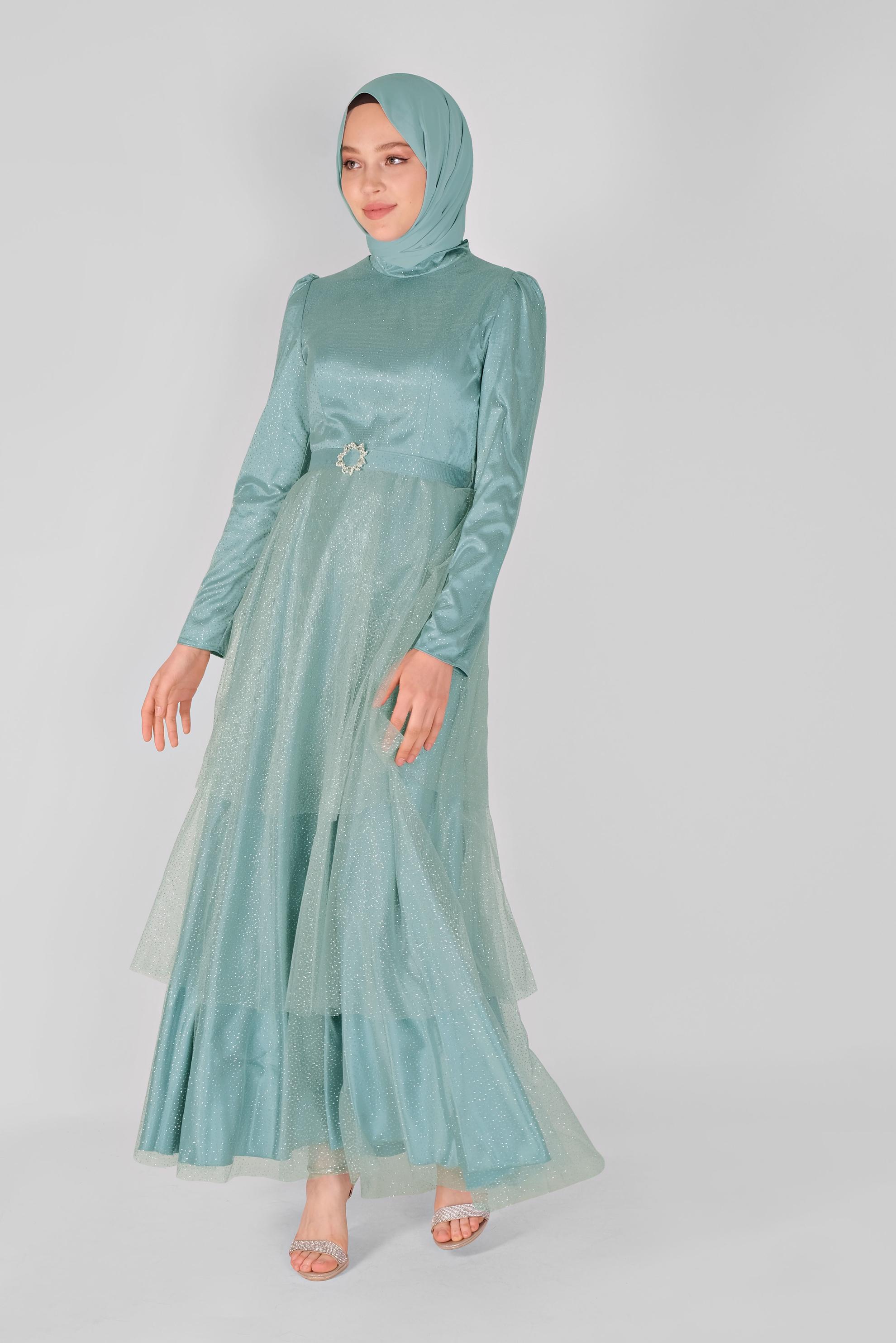 Tesettür giyim YEŞİL PARLAK TÜL ABİYE ELBİSE 50021 