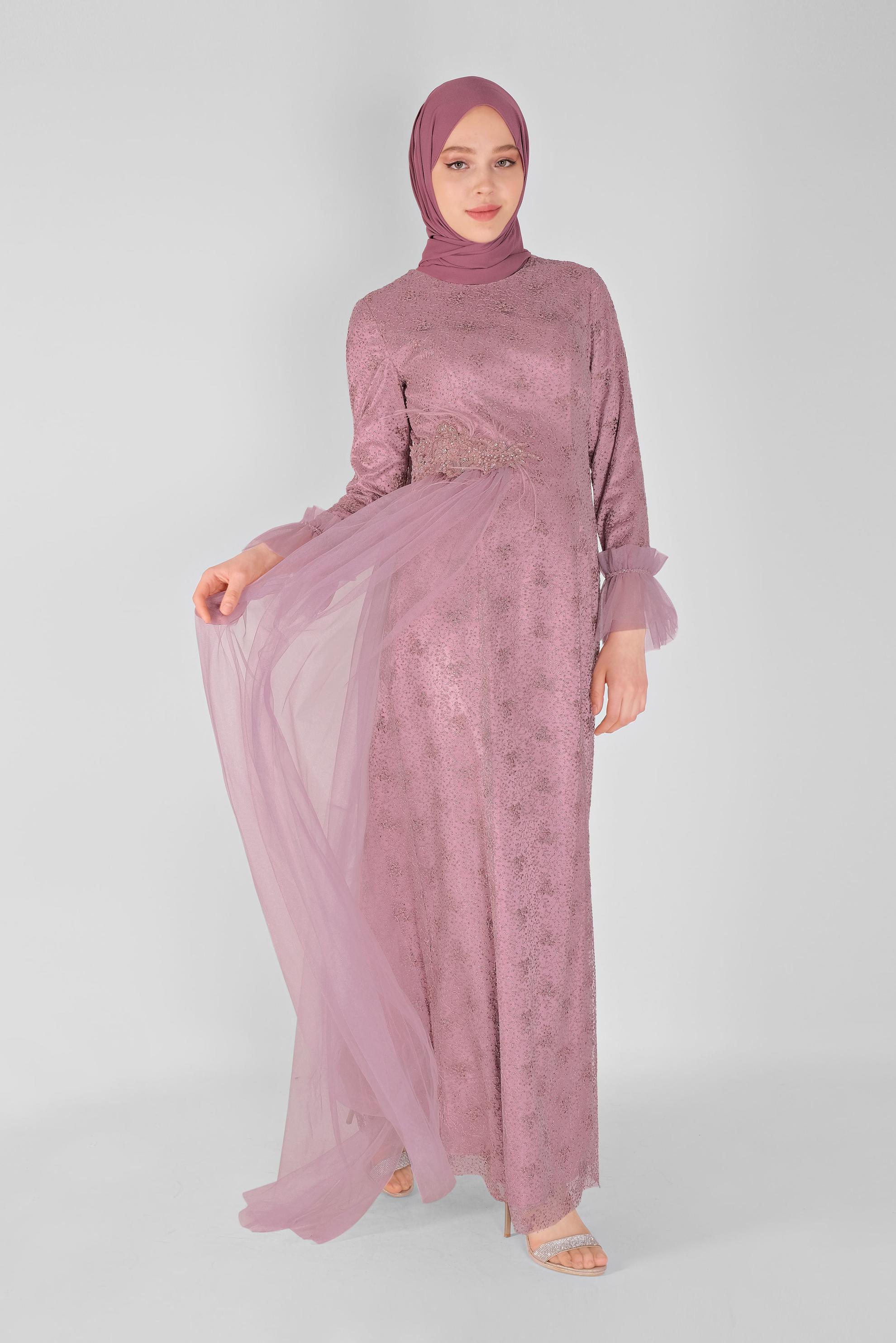 Tesettür giyim PUDRA BONCUK İŞLEMELİ TÜY DETAYLI ABİYE ELBİSE 50022