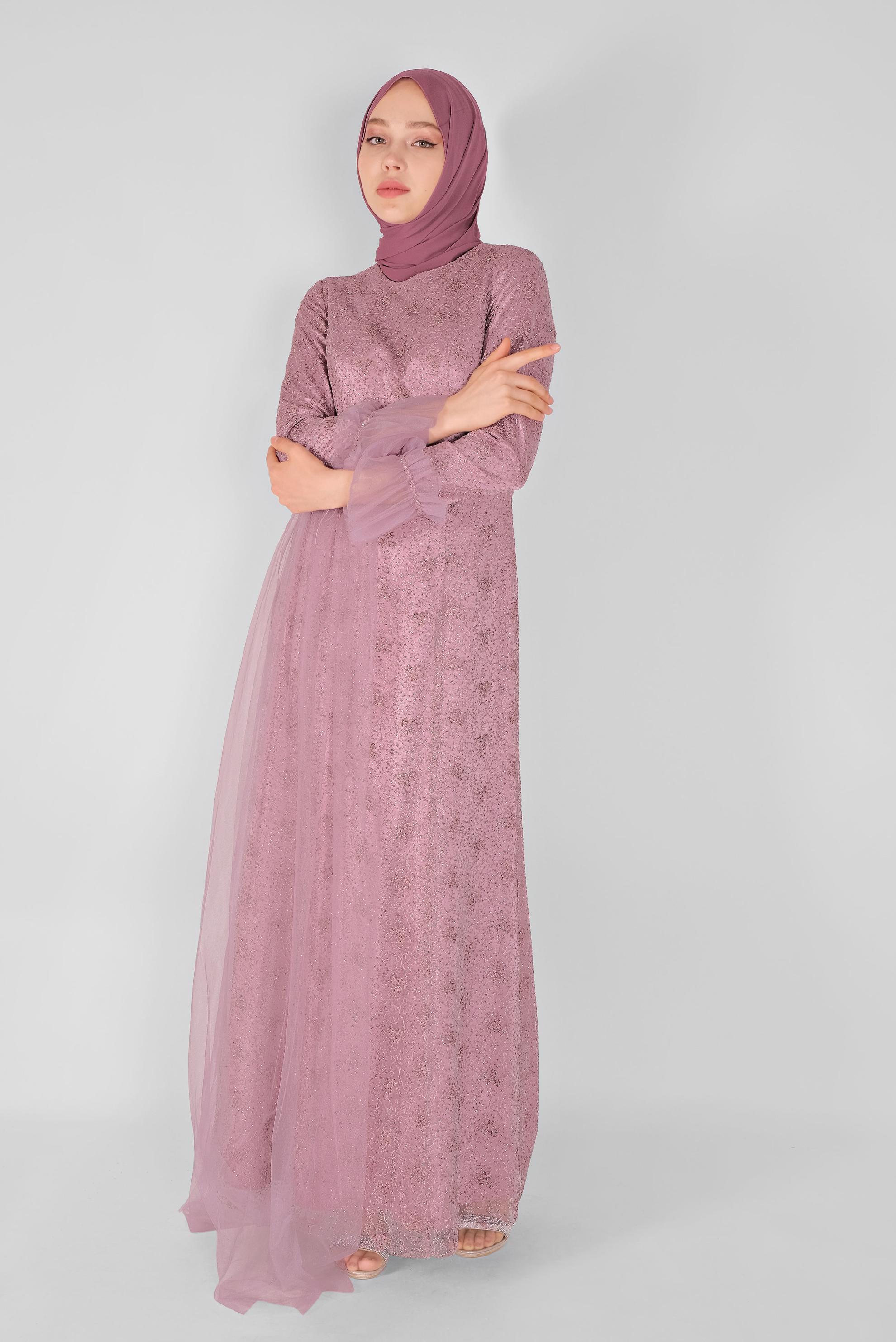 Tesettür giyim PUDRA BONCUK İŞLEMELİ TÜY DETAYLI ABİYE ELBİSE 50022