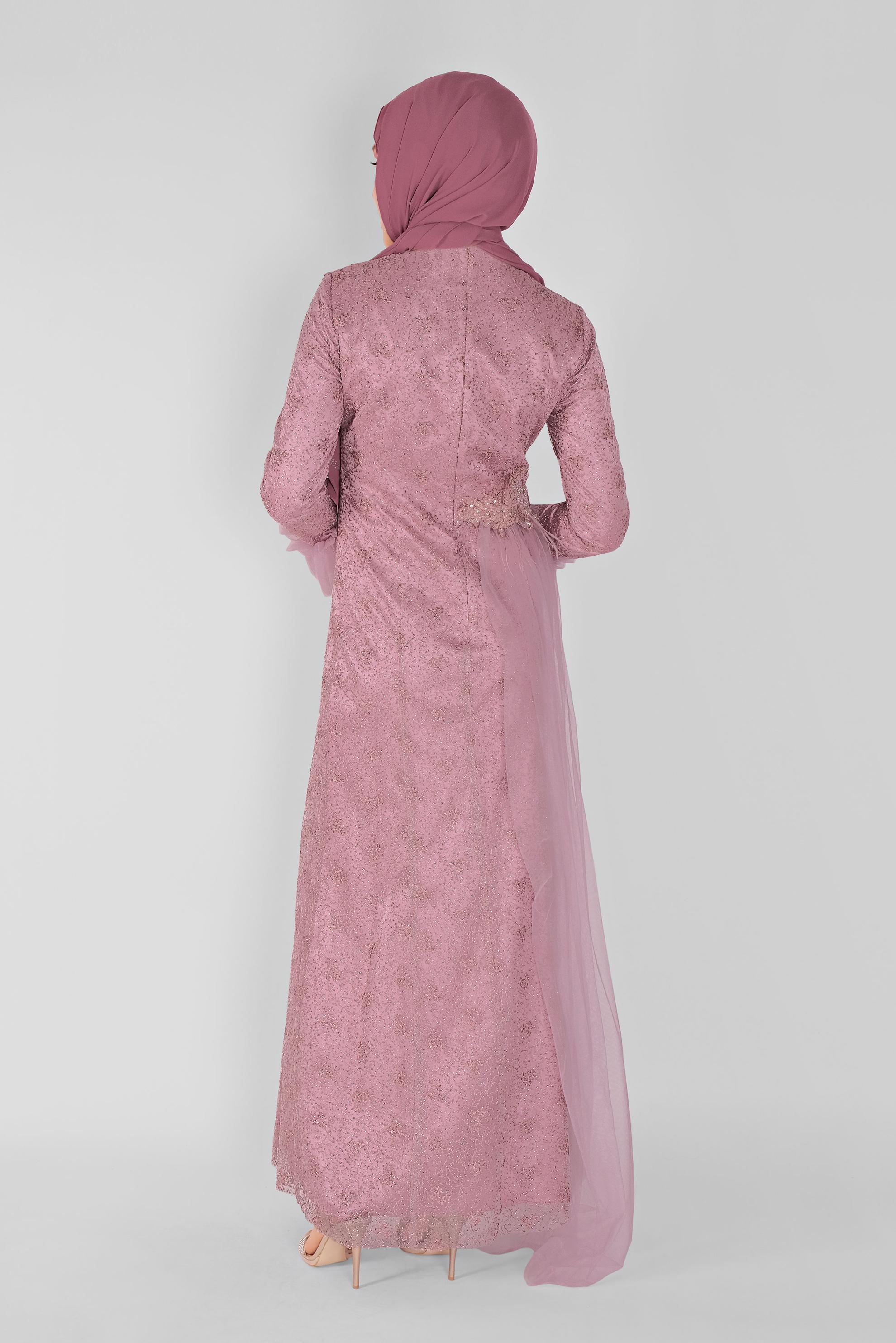 Tesettür giyim PUDRA BONCUK İŞLEMELİ TÜY DETAYLI ABİYE ELBİSE 50022