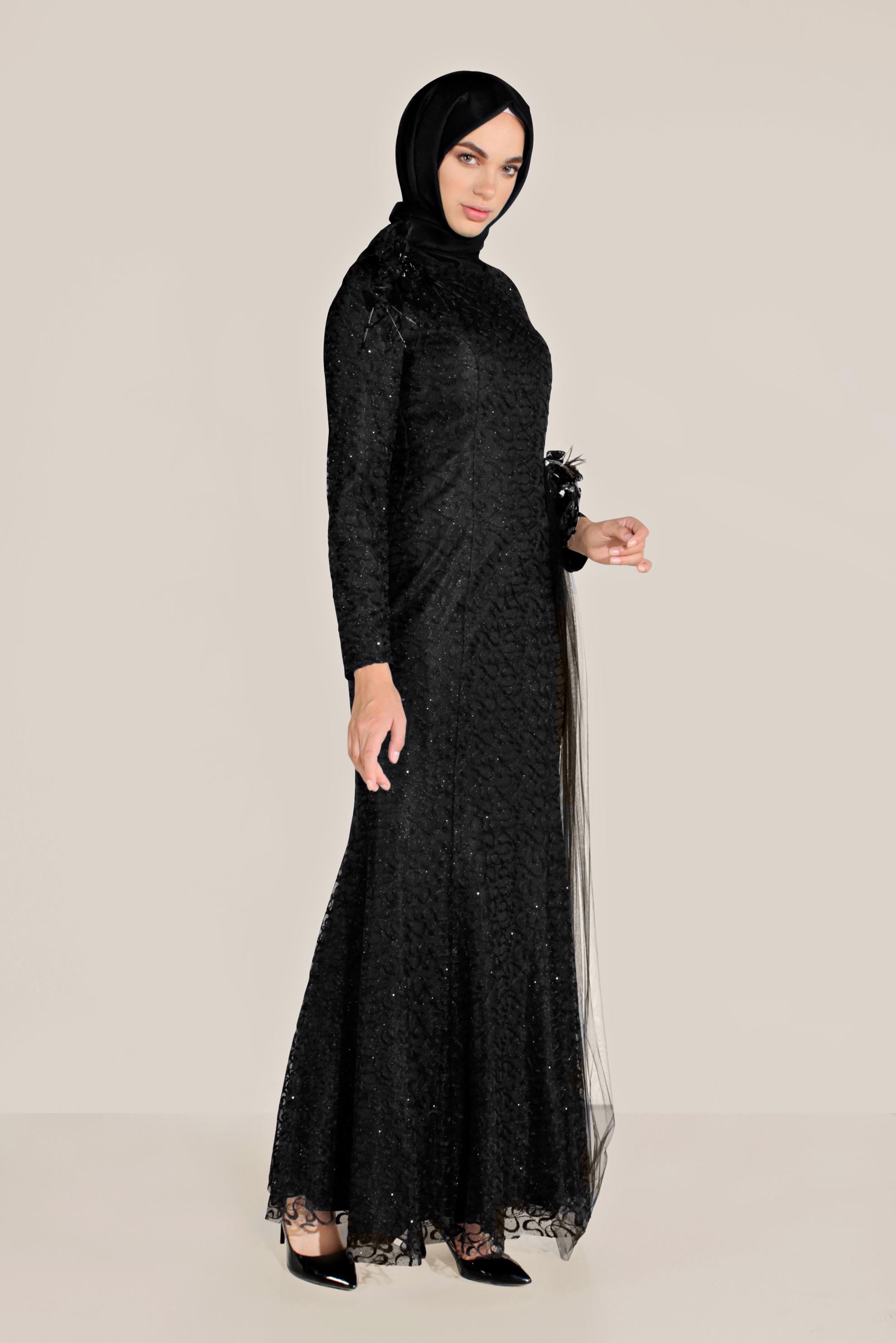 Tesettür giyim SİYAH SİMLİ TÜLLÜ BALIK ABİYE ELBİSE  50023
